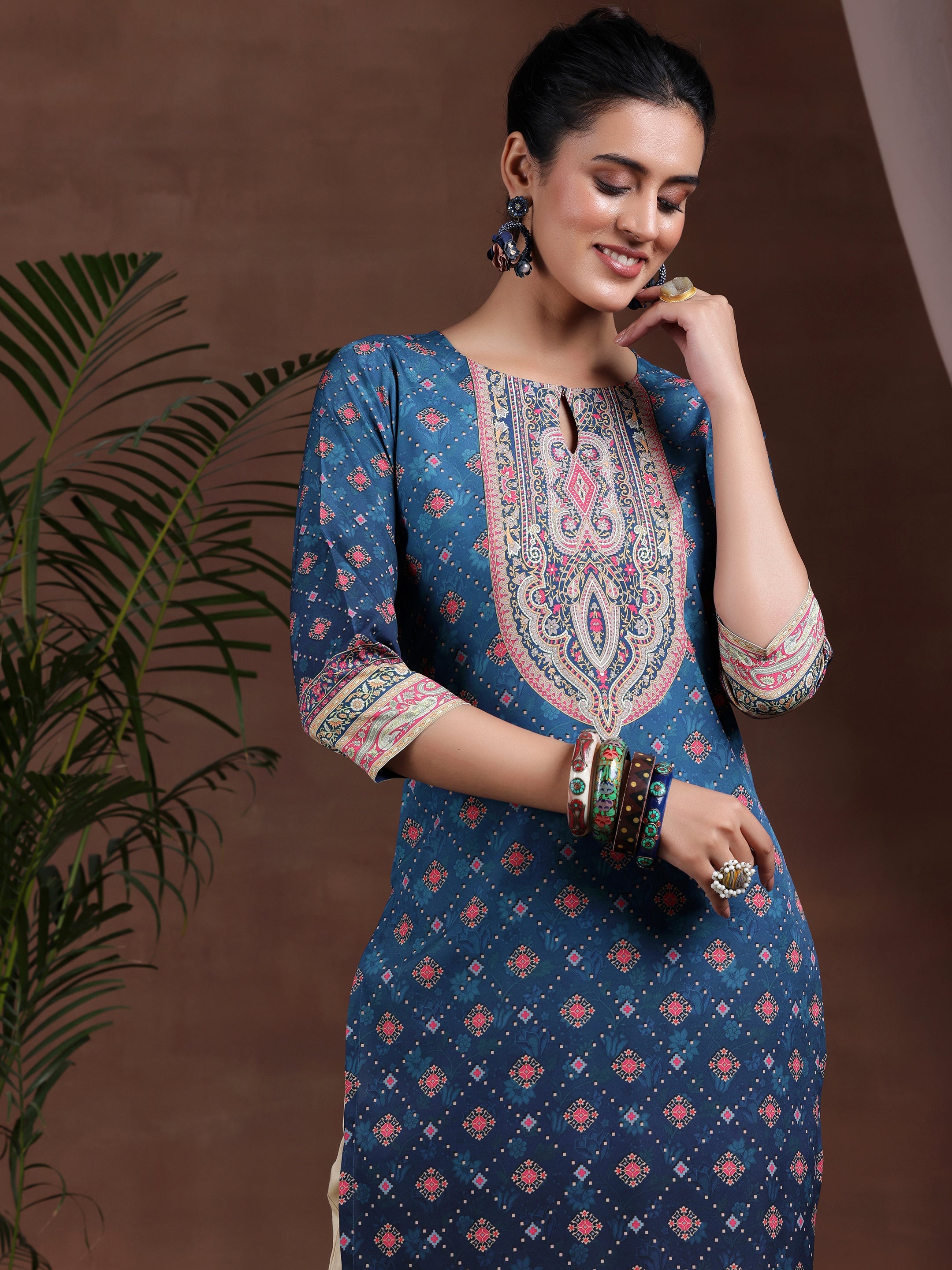 Blue Printed Crepe Straight Kurta