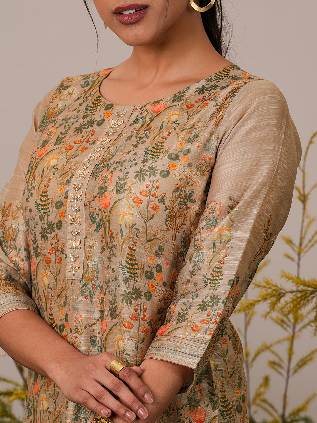 Tan Printed Chanderi Silk Straight Suit With Dupatta