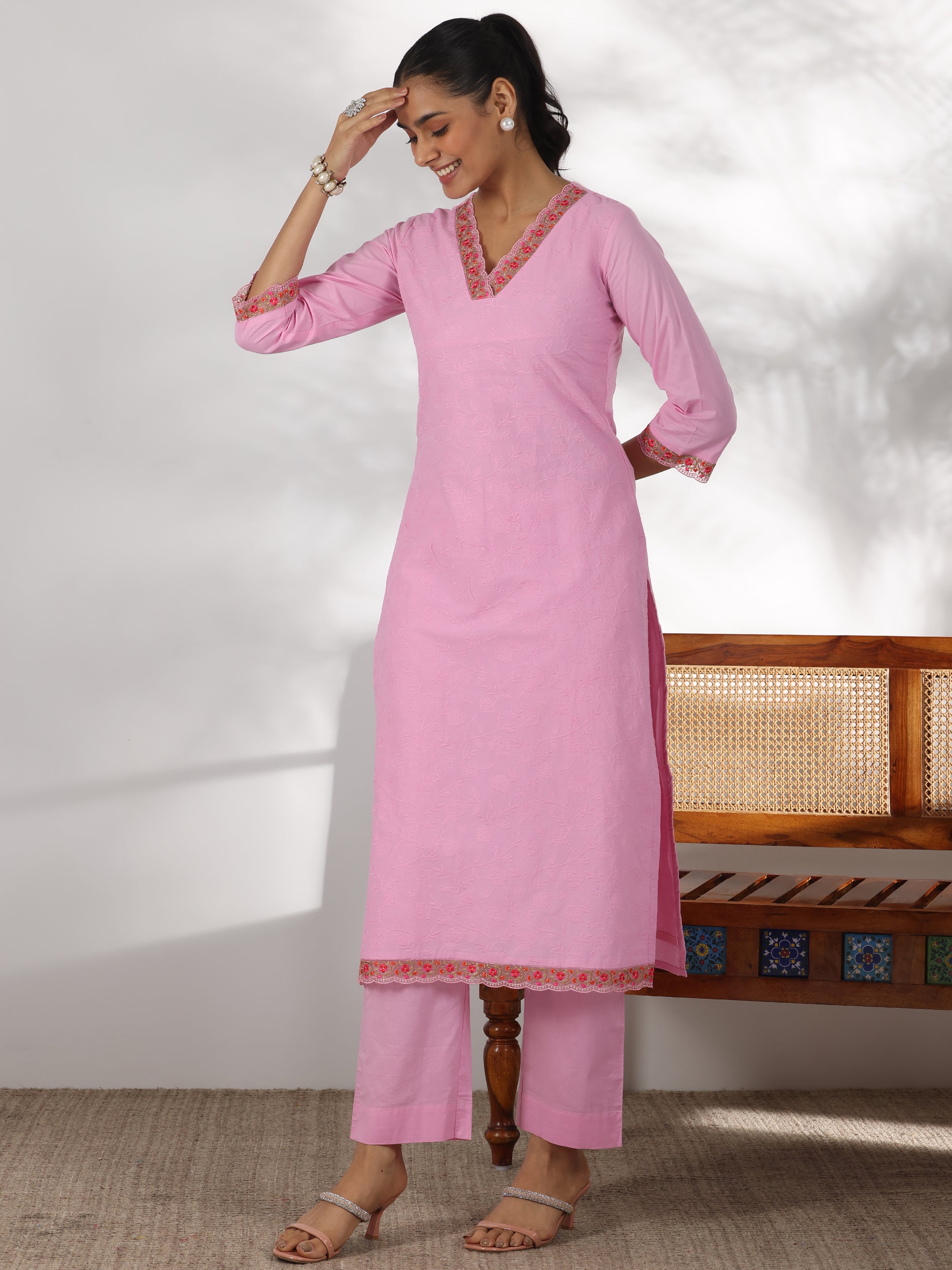 Pink Embroidered Cotton Straight Suit With Dupatta