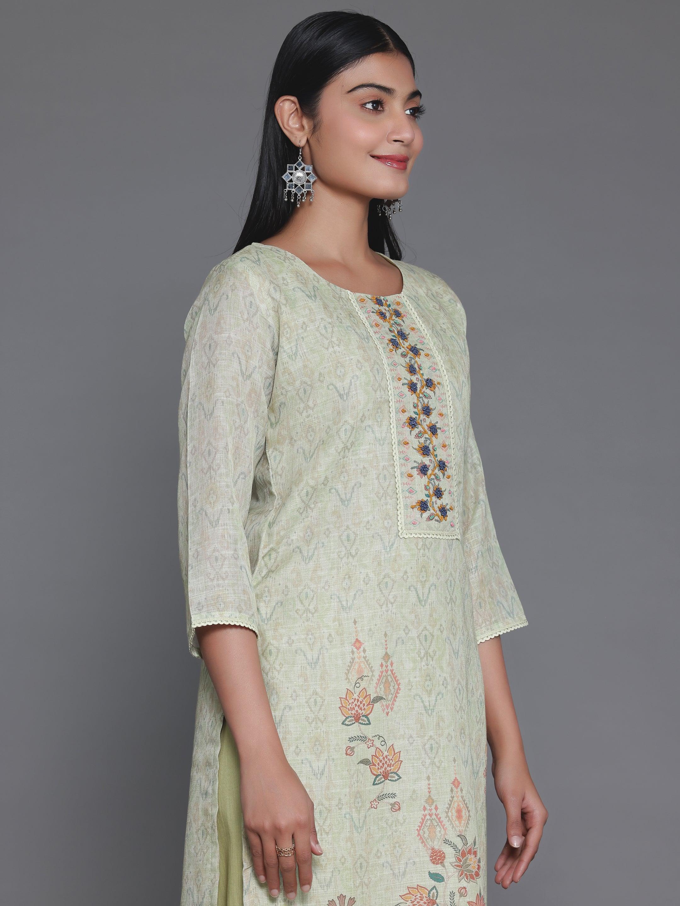 Green Printed Cotton Straight Suit With Dupatta