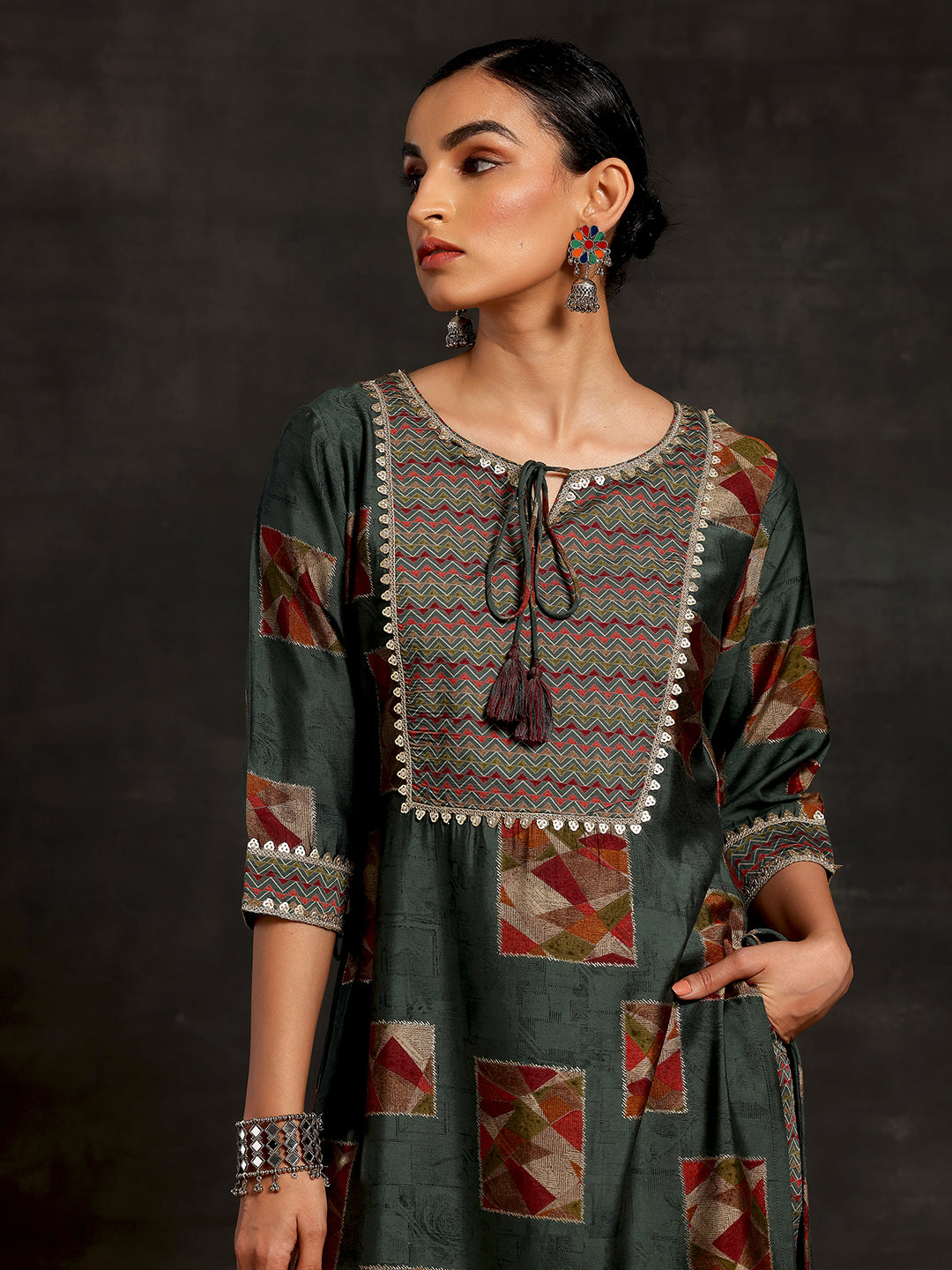 Green Printed Silk Blend Straight Suit With Dupatta