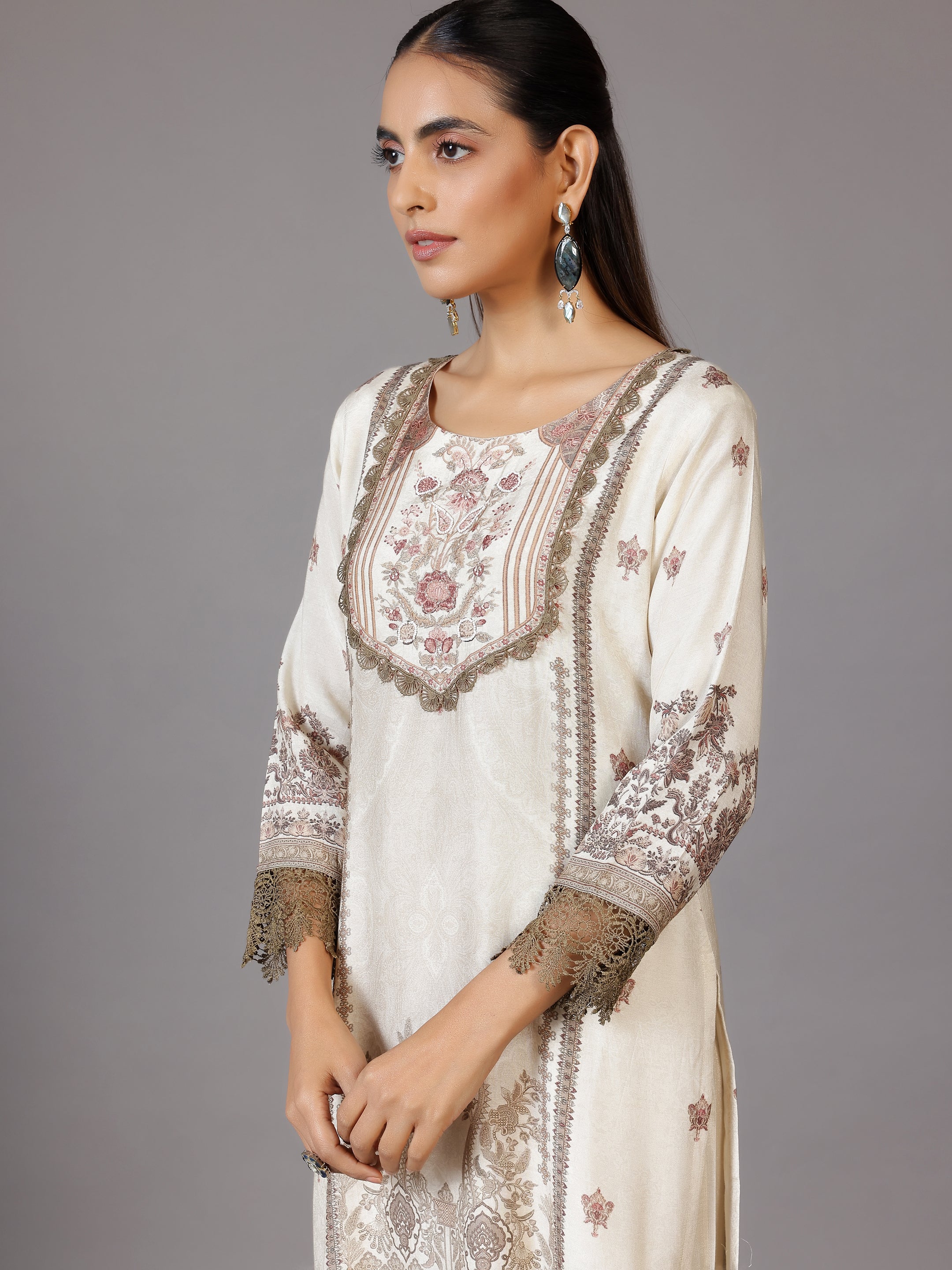 Beige Printed Silk Blend Straight Suit With Dupatta