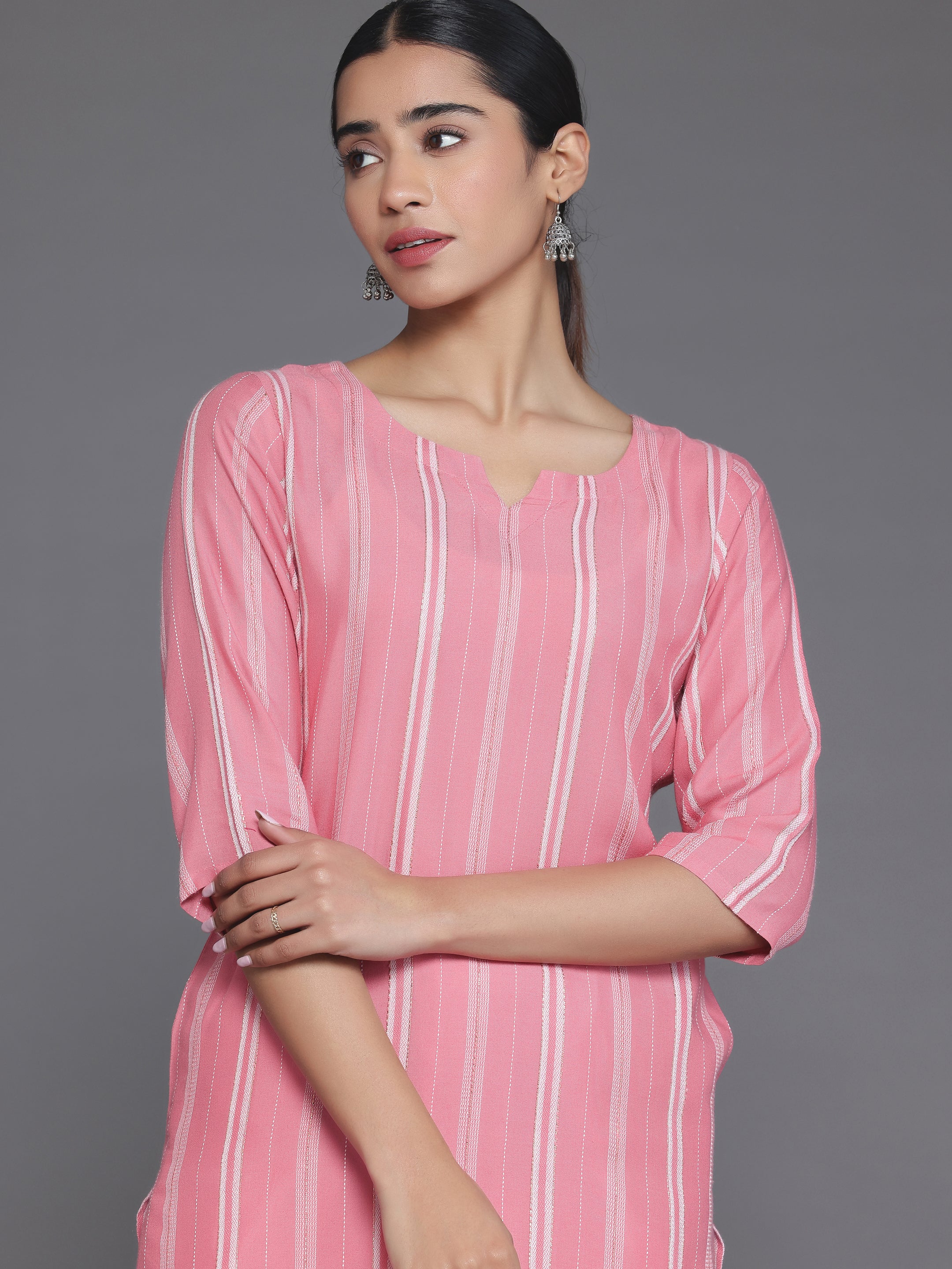 Pink Woven Design Rayon Straight Kurta