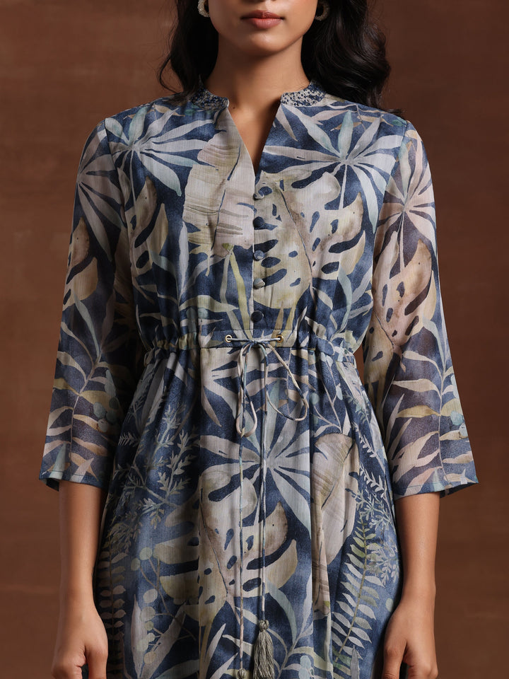 Blue Printed Chiffon A-Line Dress