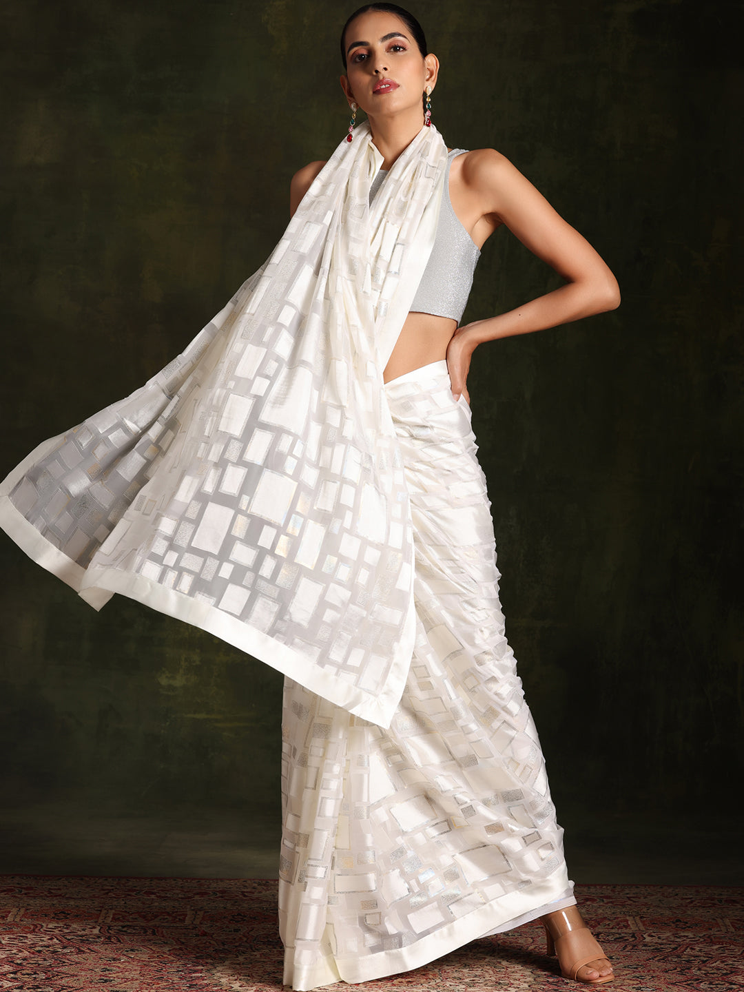 Off White Woven Design Brasso Saree With Unstitched Blouse Piece