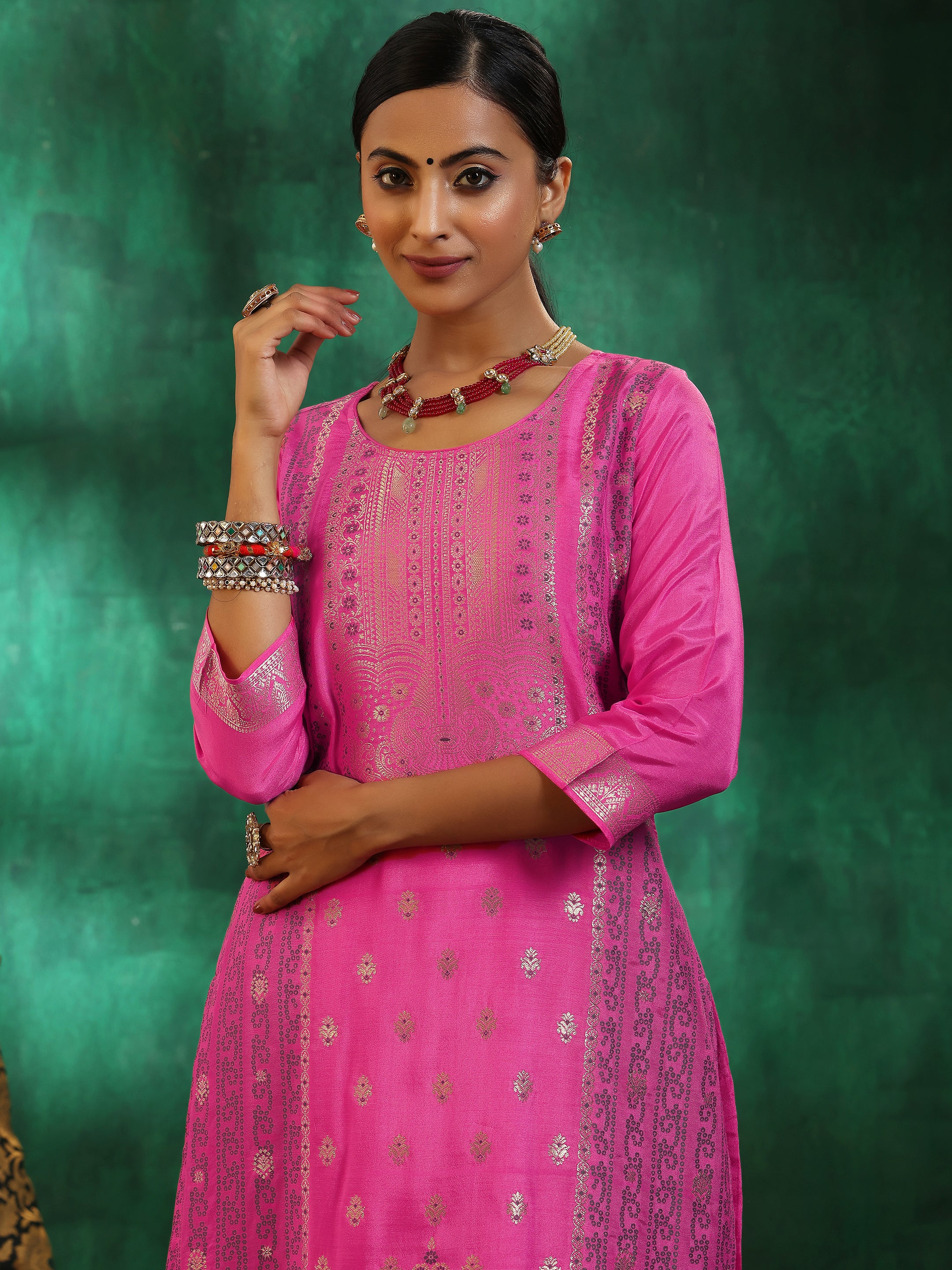 Pink Woven Design Silk Blend Straight Suit With Dupatta