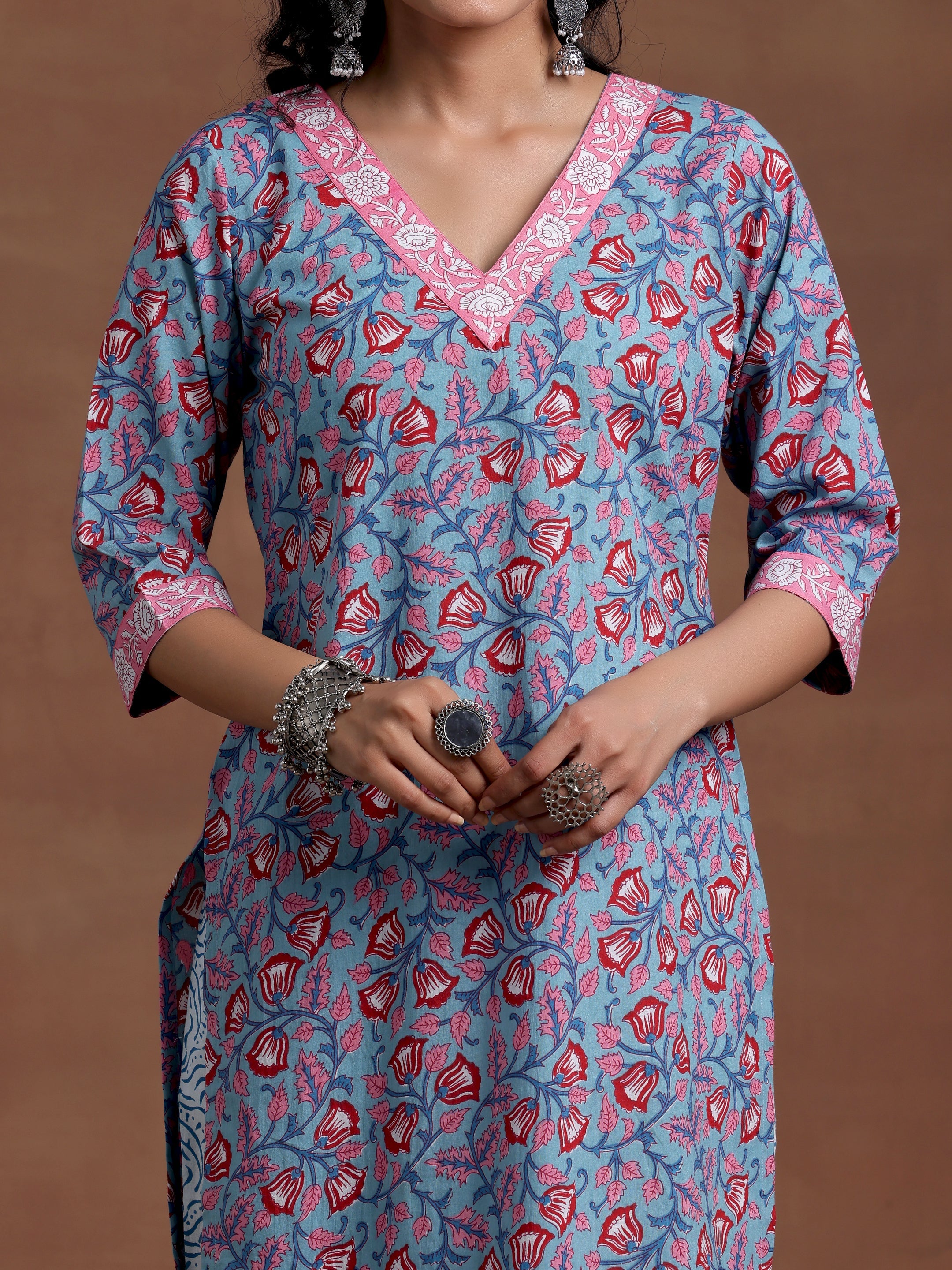 Blue Printed Cotton Straight Suit With Dupatta