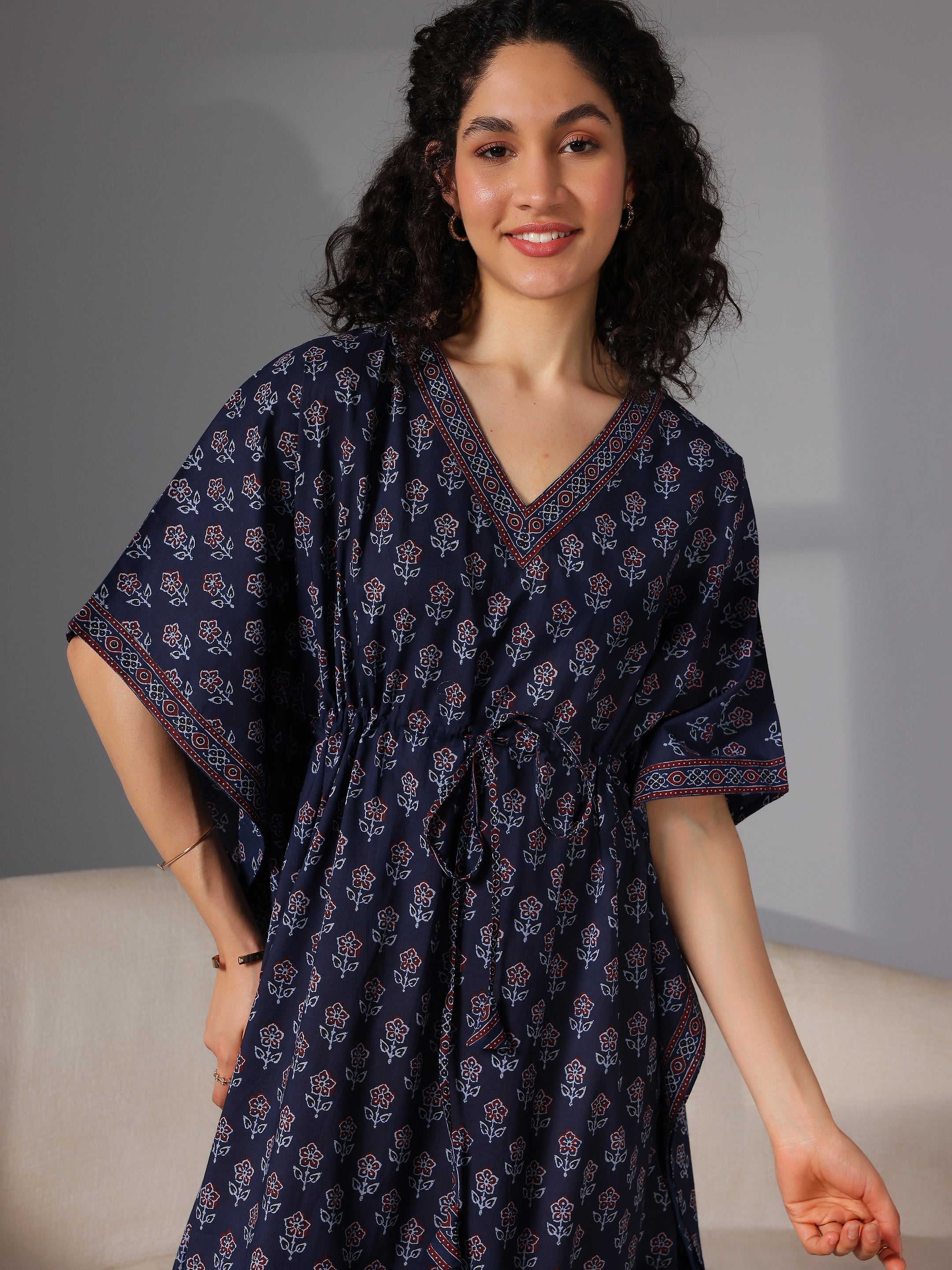 Navy Blue Printed Cotton Kaftan Night Dress