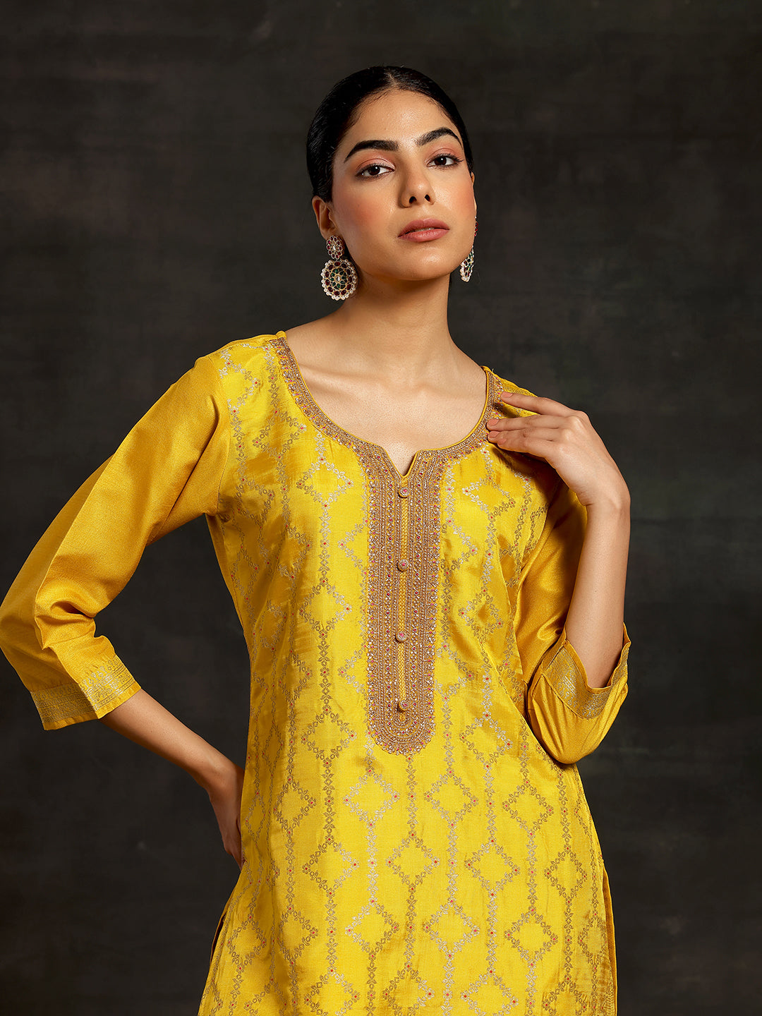 Mustard Woven Design Silk Blend Straight Suit With Dupatta