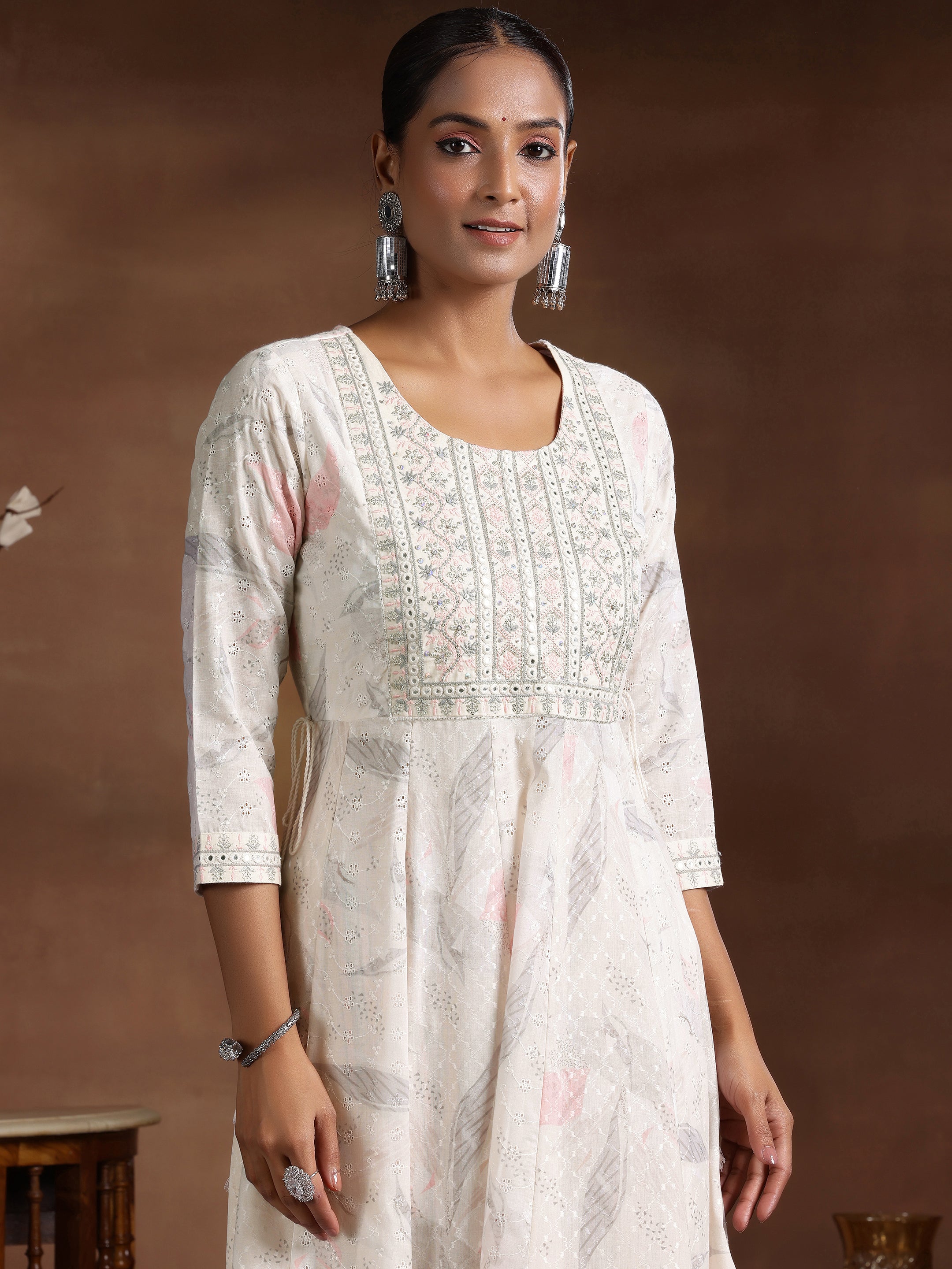 Off White Embroidered Cotton A-line Kurta  With Trousers & Dupatta