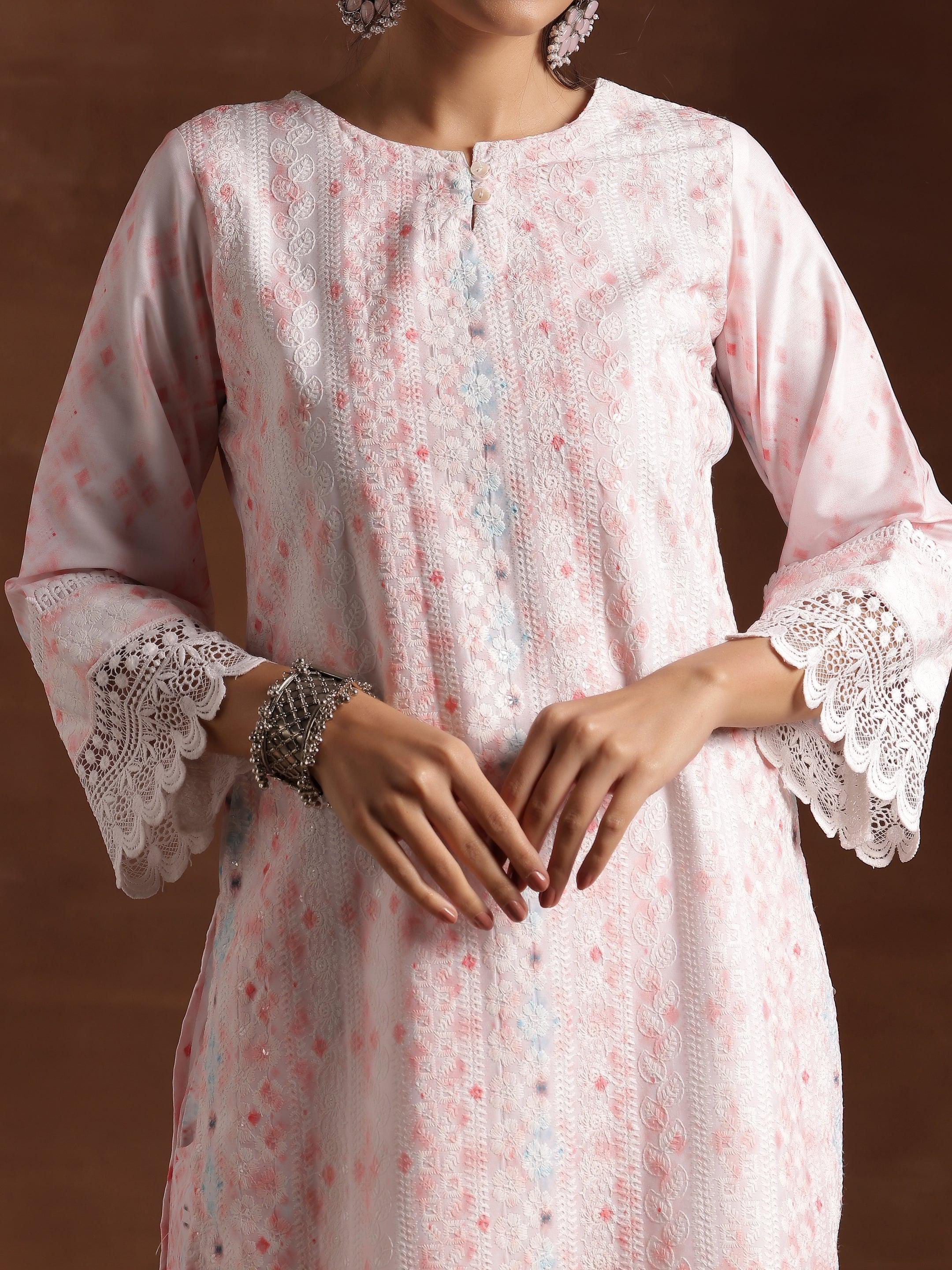 Peach Embroidered Cotton Blend Straight Suit With Dupatta