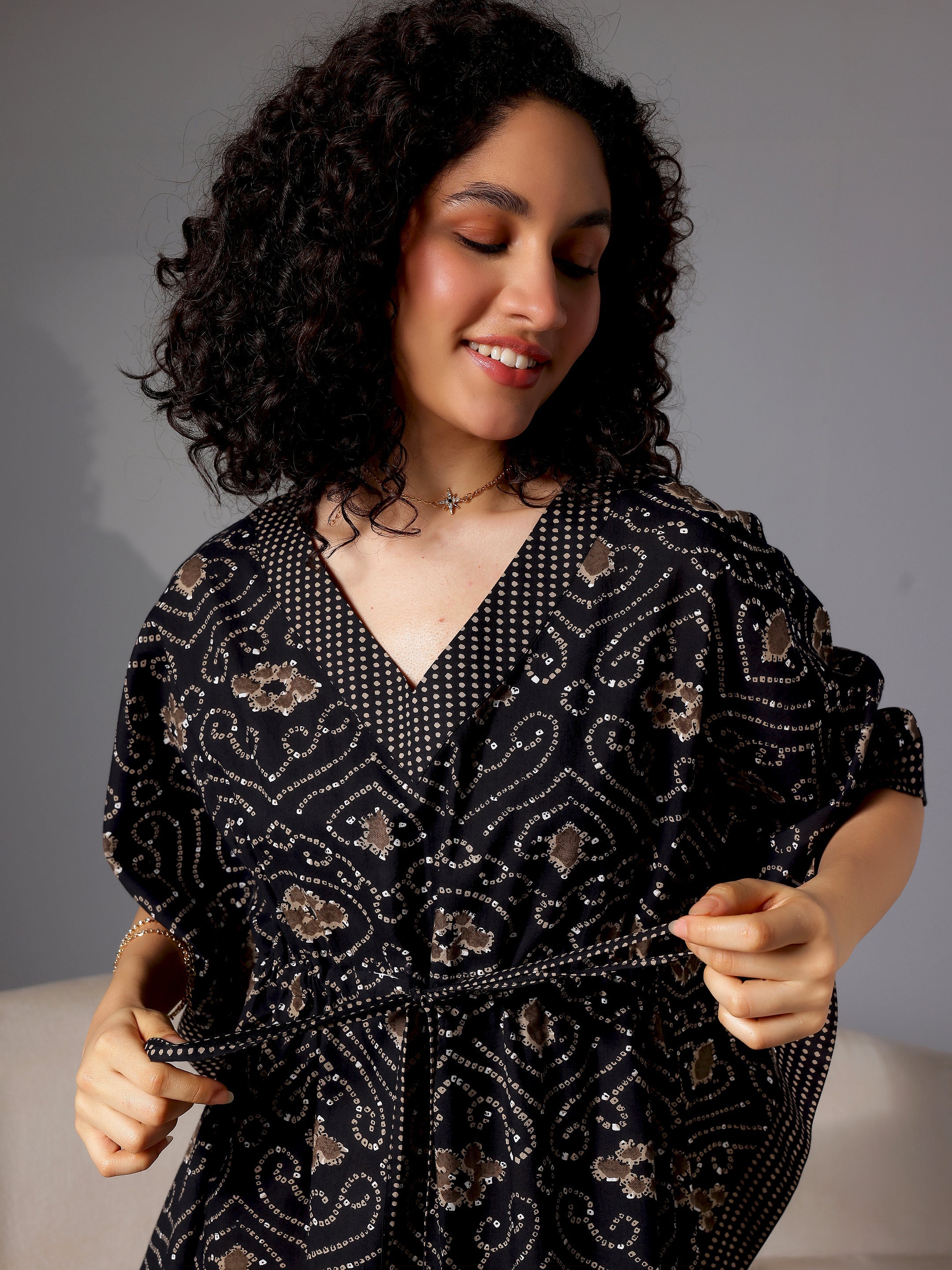 Black Printed Cotton Kaftan Night Dress