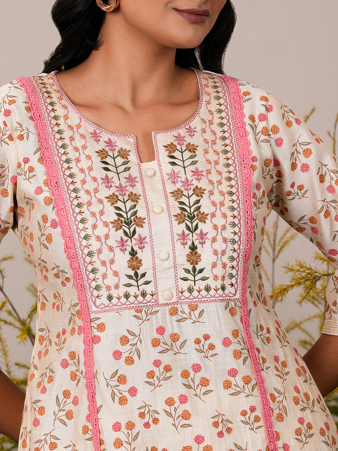 Beige Printed Chanderi Silk A-Line Kurta With Palazzos