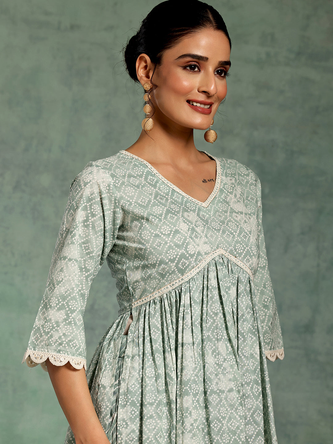 Green Printed Cotton A-Line Kurta With Palazzos & Dupatta