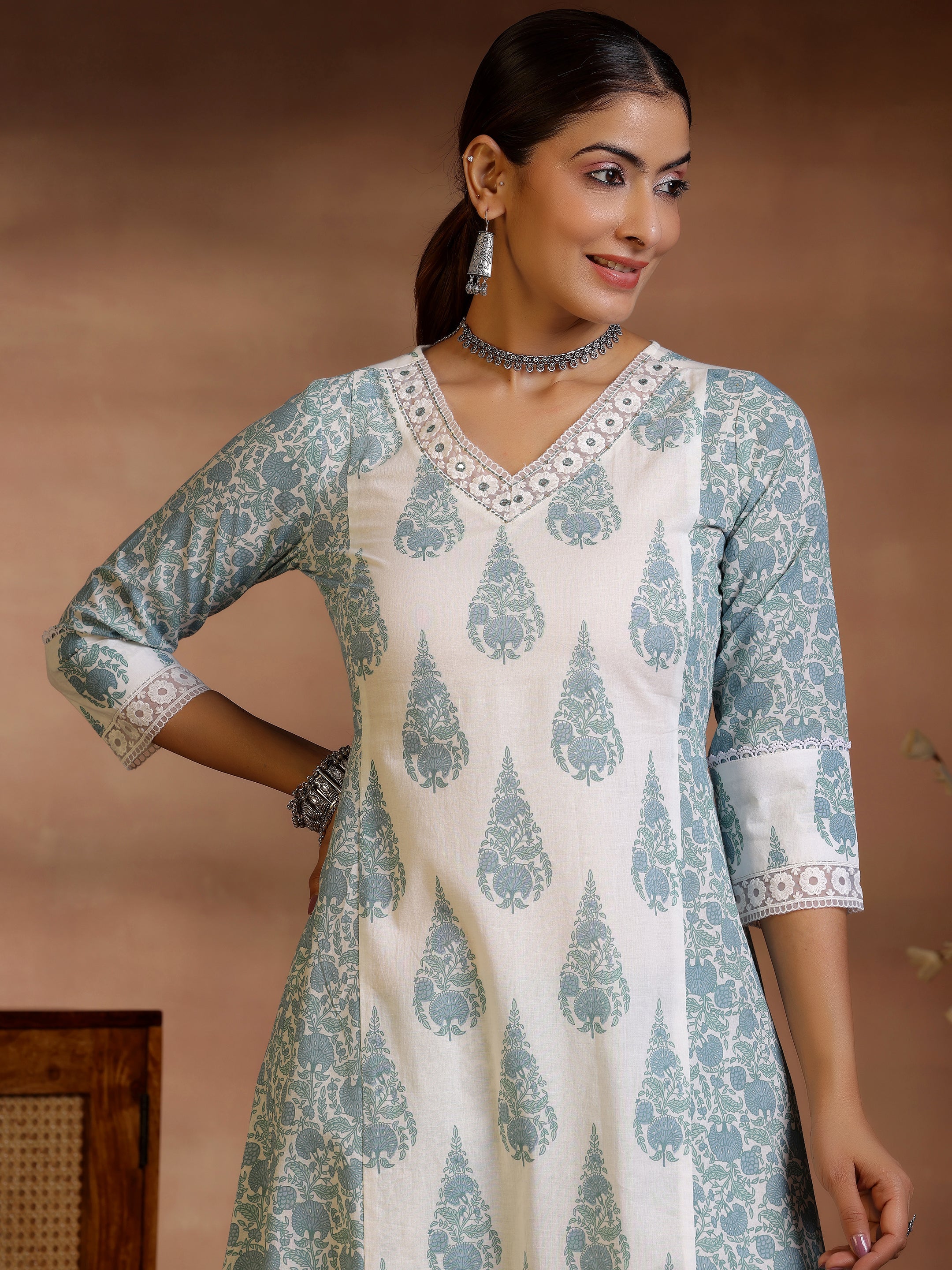 Off White Printed Cotton A-Line Kurta With Trousers & Dupatta