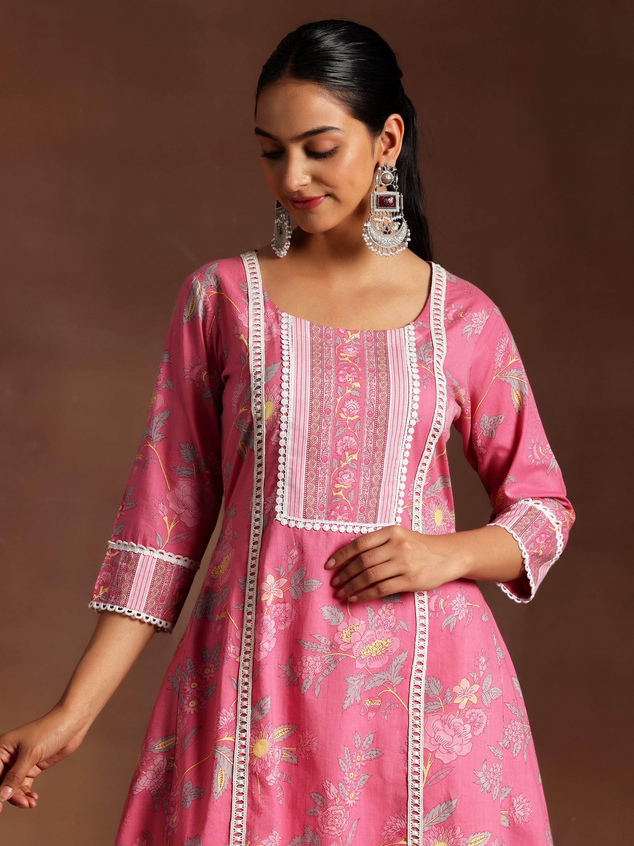 Saahiti Pink Printed Cotton A-Line Kurta With Palazzos