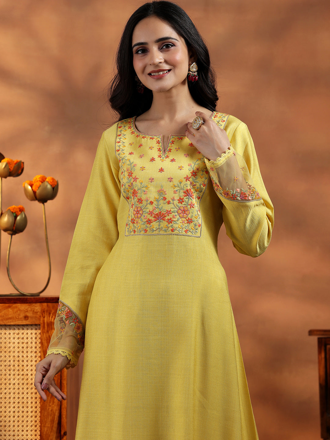 Yellow Yoke Design Silk Blend Straight Suit With Dupatta