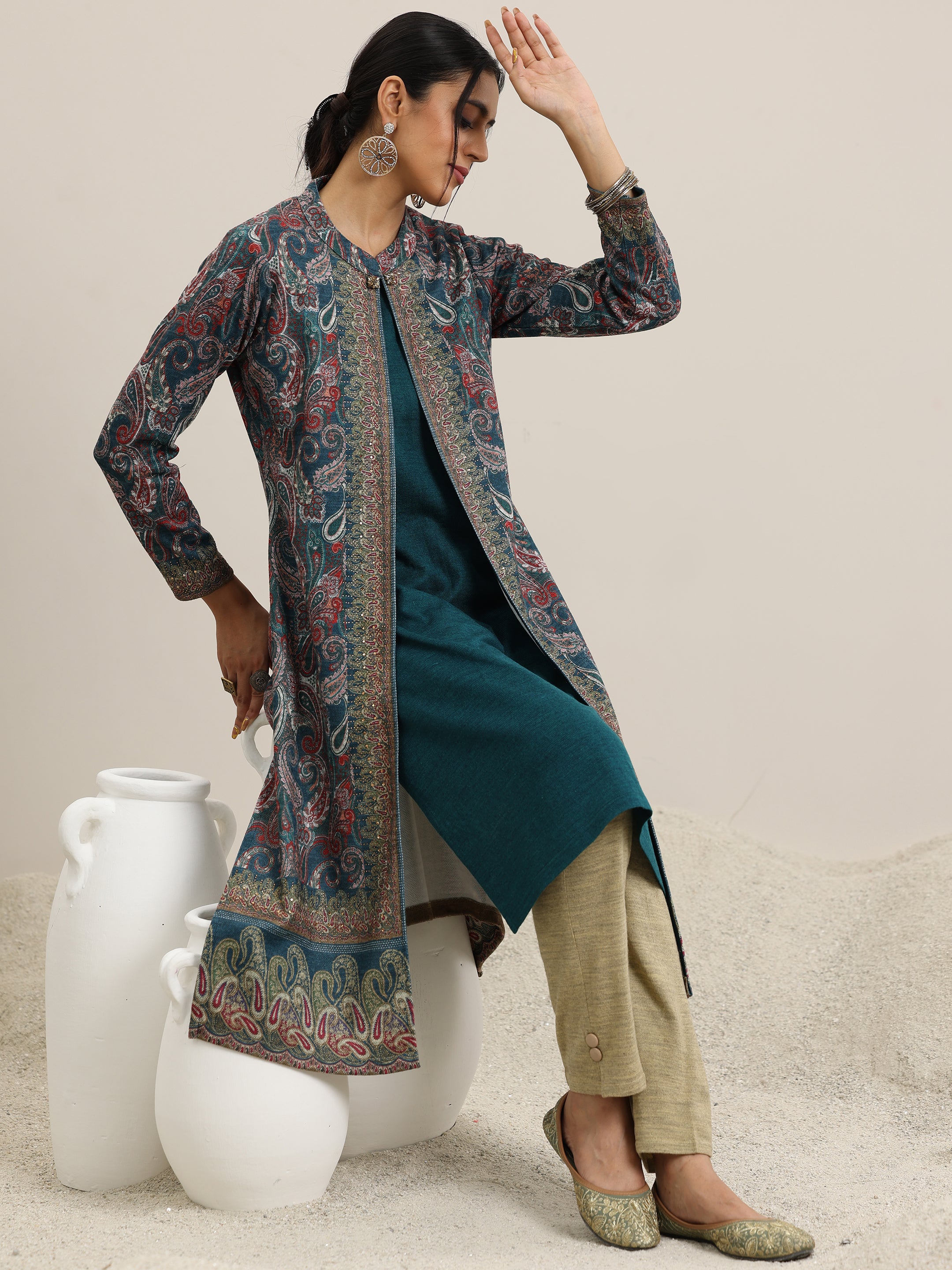 Blue Printed Wool Straight Kurta