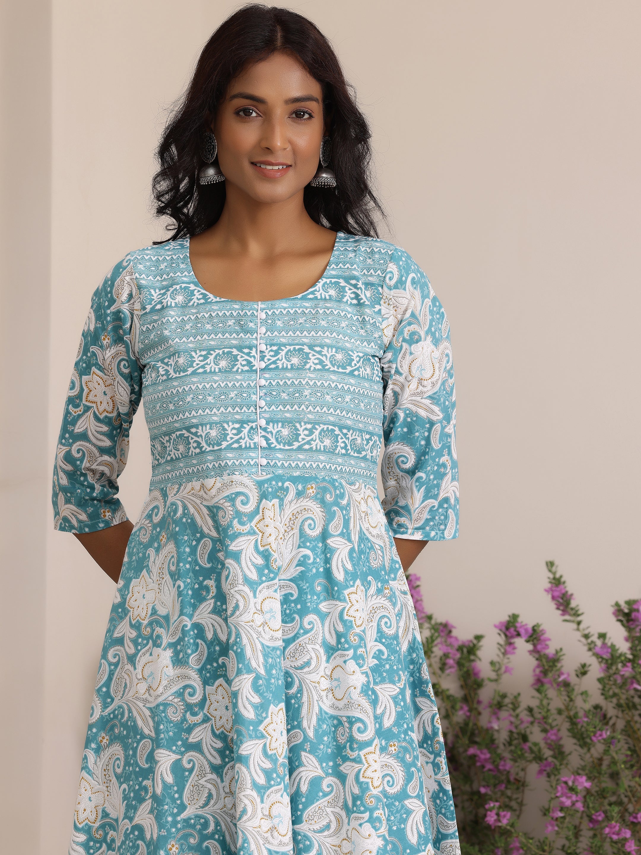 Blue Printed Cotton Anarkali Suit With Dupatta