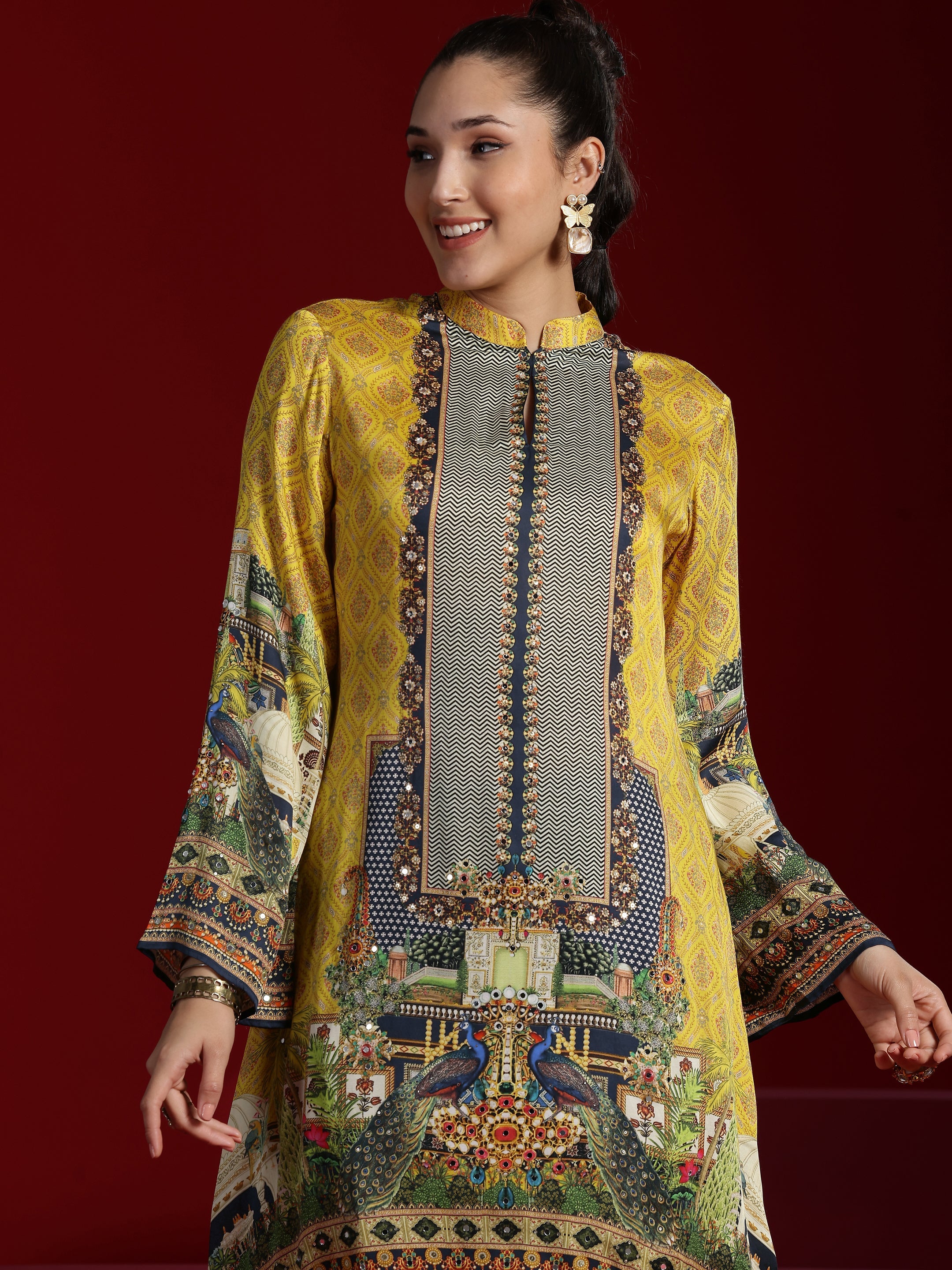 Libas Art Mustard Printed Silk Blend Straight Kurta With Dhoti Pants