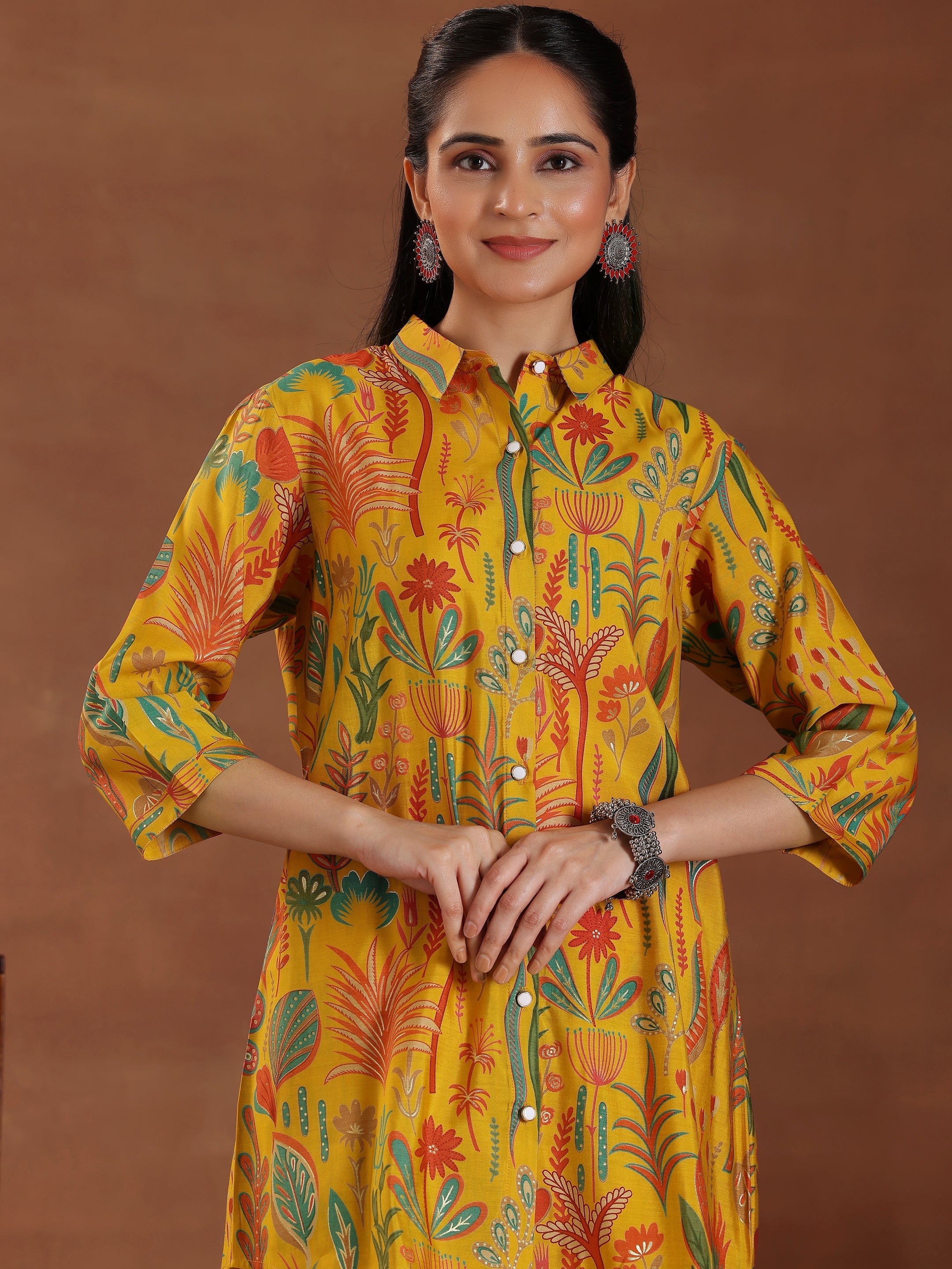 Yellow Printed Silk Blend Co-Ords