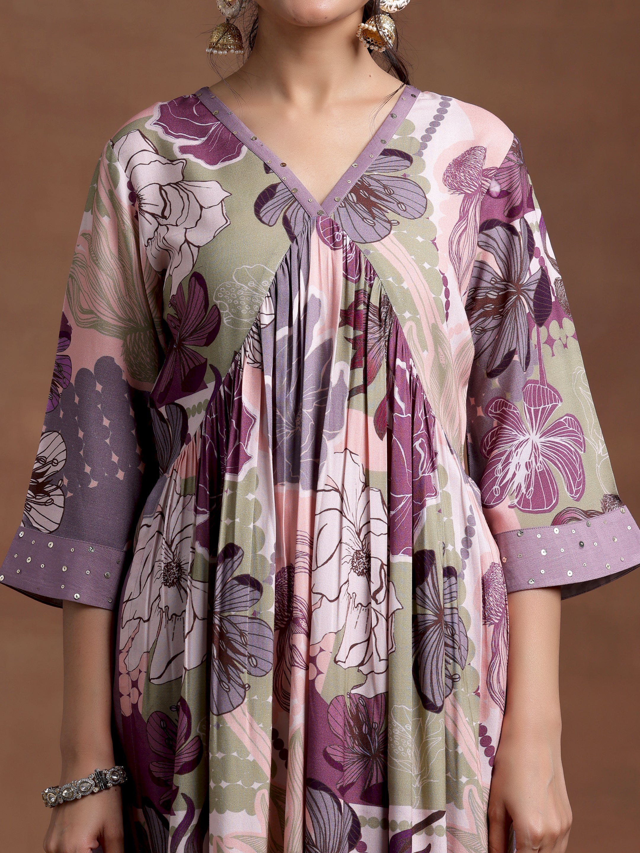 Mauve Printed Rayon A-Line Kurta With Trousers