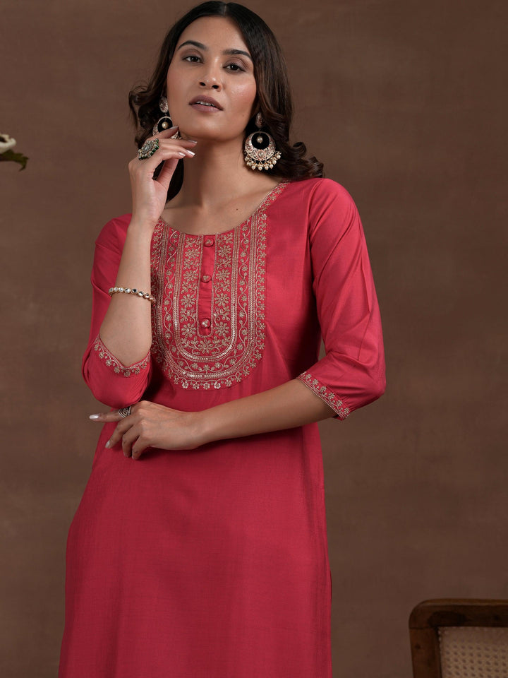 Pink Yoke Design Silk Blend Straight Suit With Dupatta - Libas