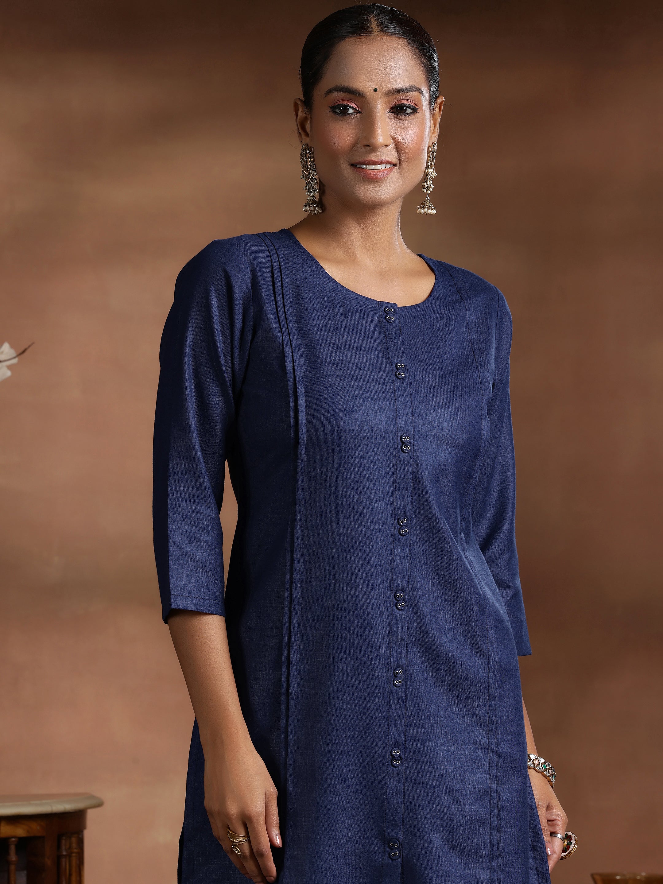 Navy Blue Solid Cotton Blend Straight Suit With Dupatta