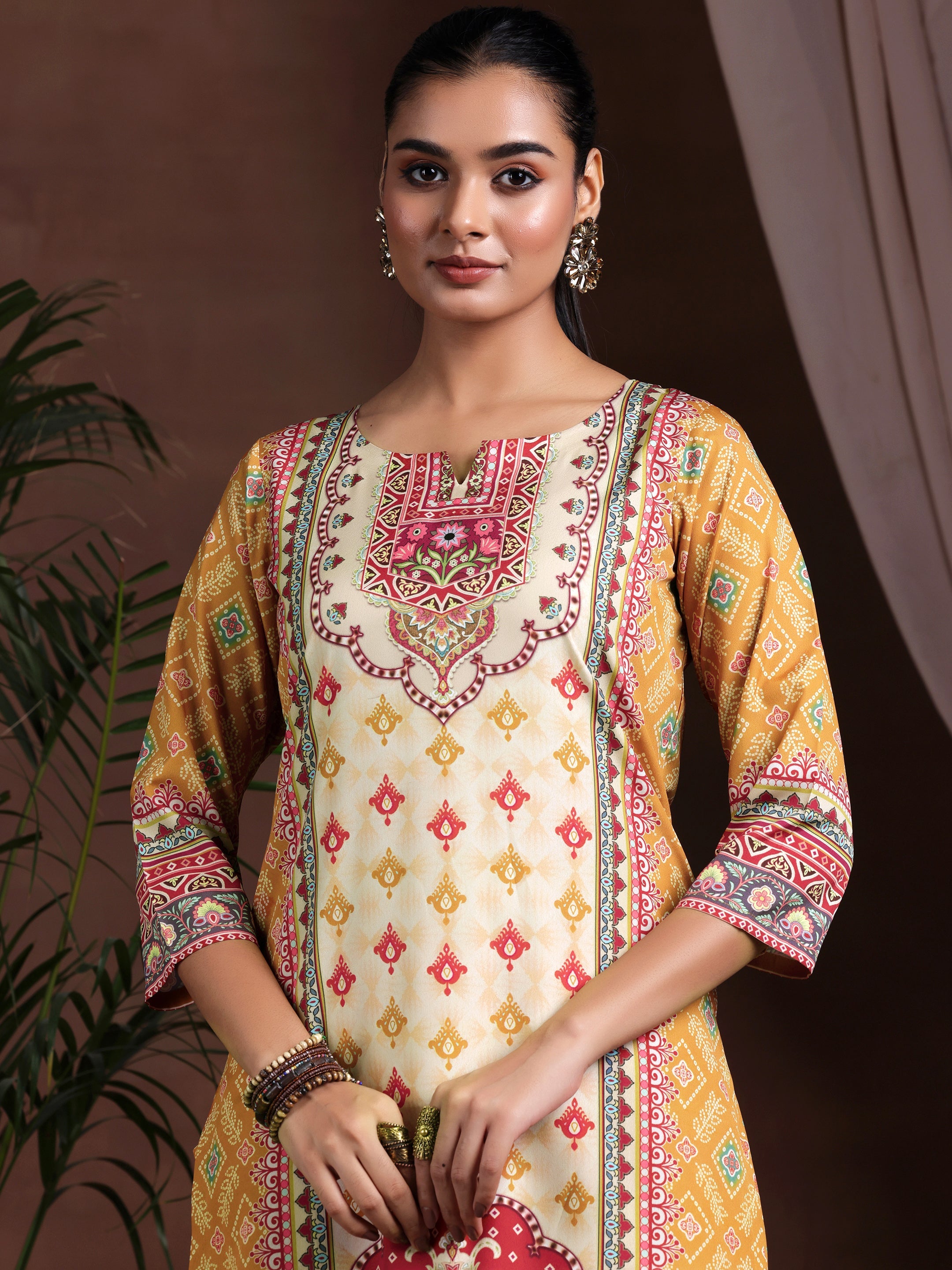 Mustard Printed Poly Crepe Straight Suit With Dupatta