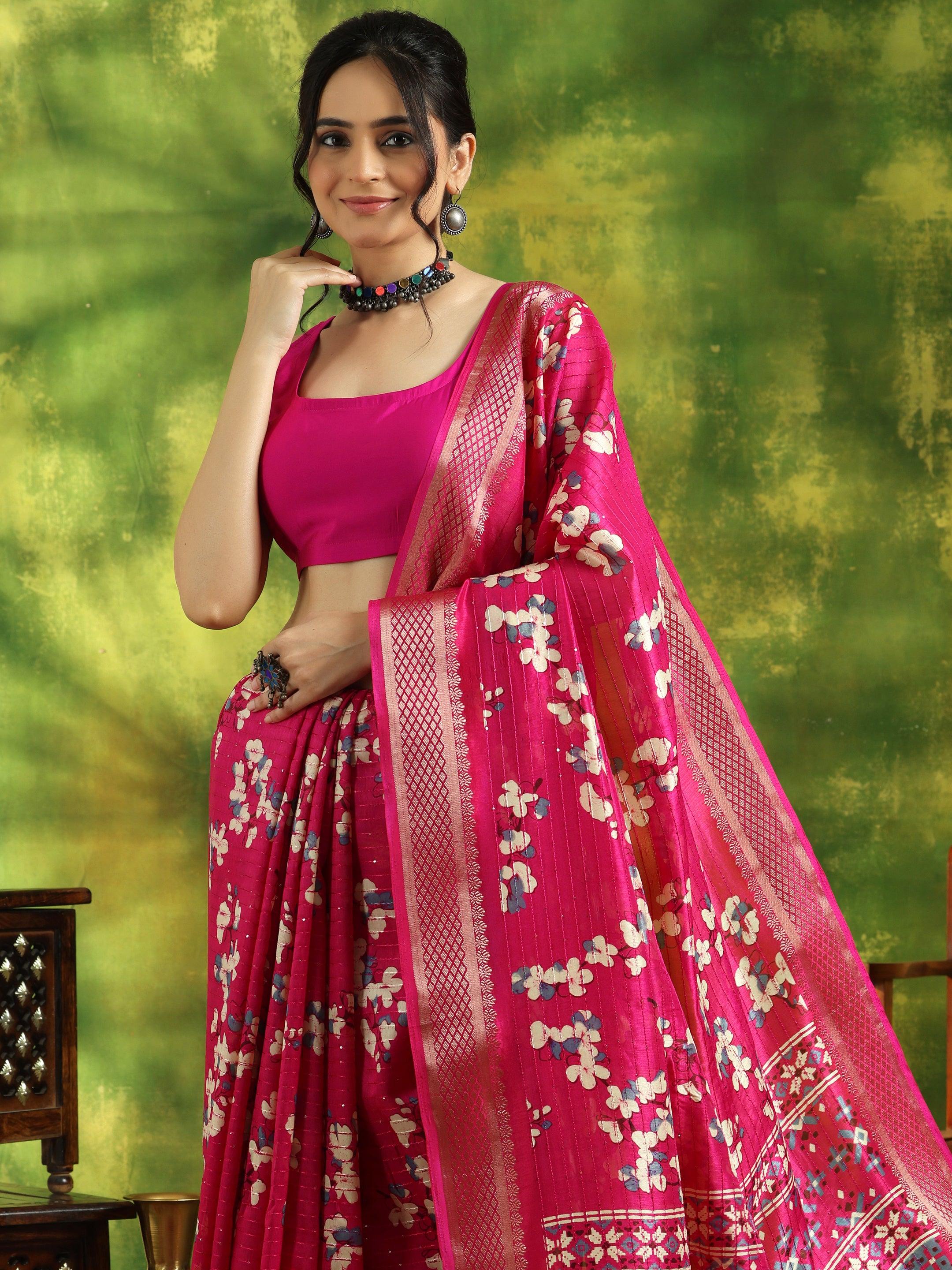 Pink Printed Silk Blend Saree With Unstitched Blouse Piece