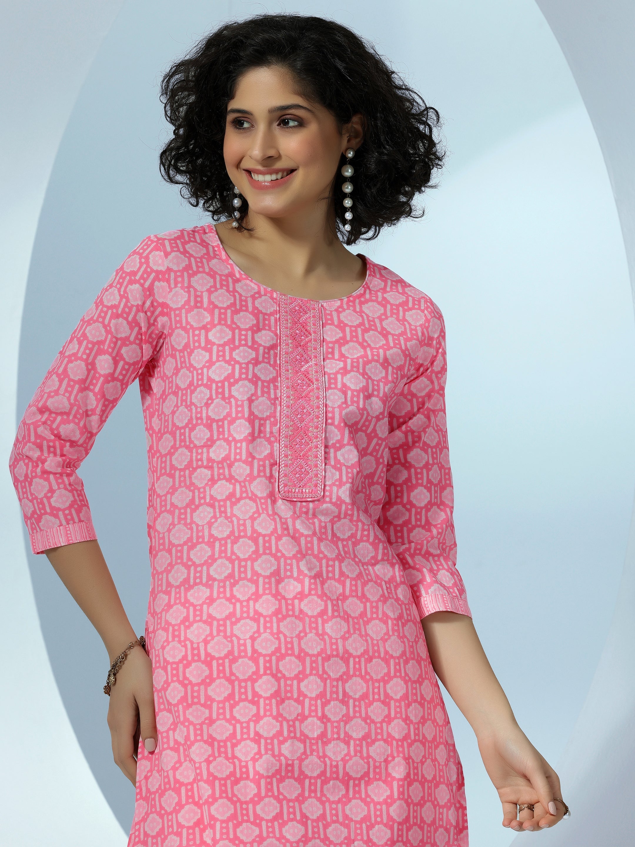 Pink Printed Cotton Straight Suit With Dupatta