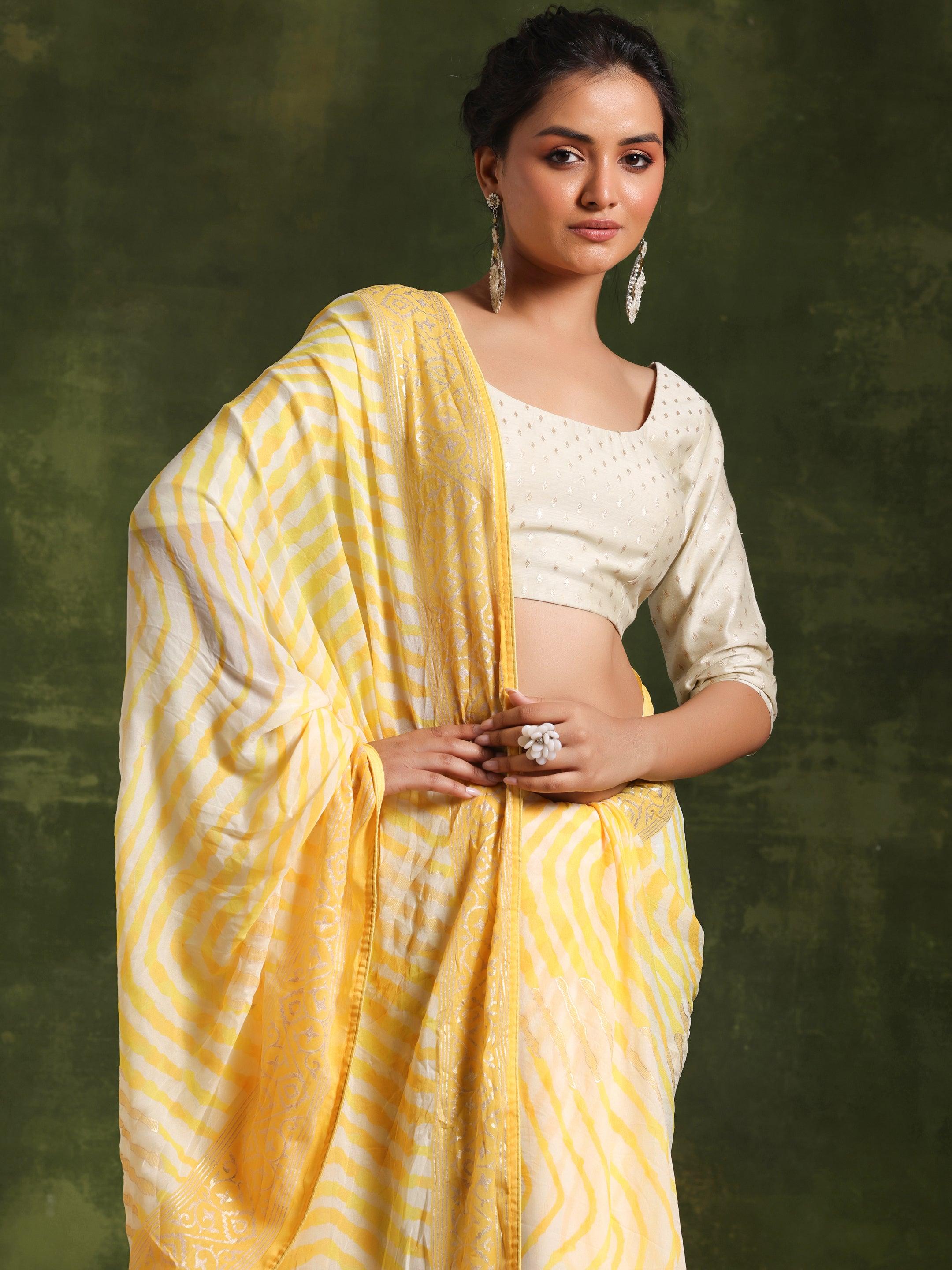 Yellow Printed Poly Georgette Saree With Unstitched Blouse Piece