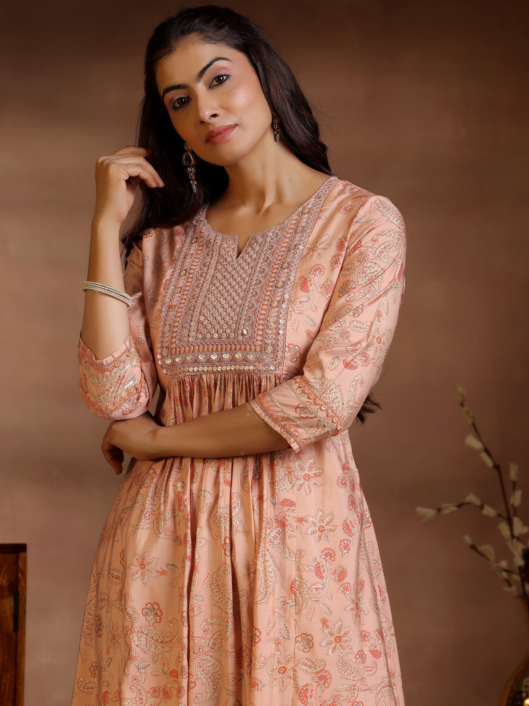 Rust Printed Silk Blend A-Line Kurta With Palazzos