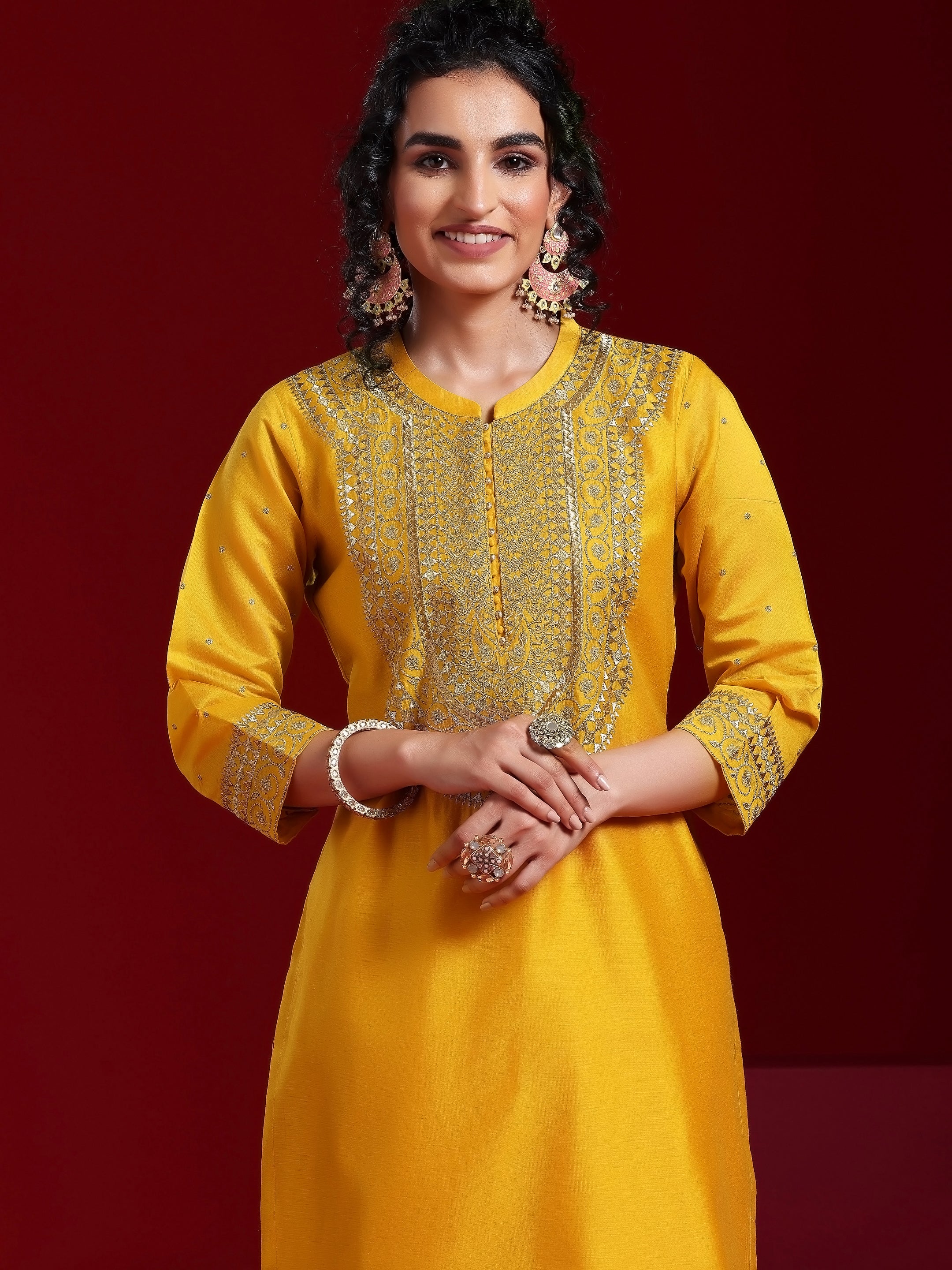 Libas Art Mustard Yoke Design Chanderi Silk Straight Suit With Dupatta