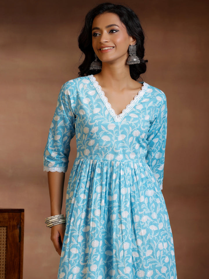 Blue Printed Cotton Fit and Flare Dress