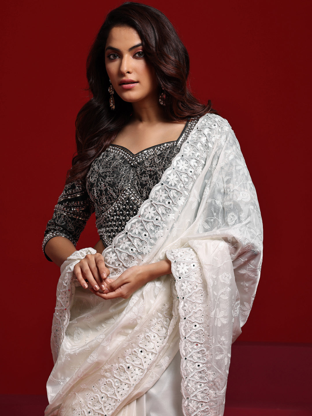 Libas Art Off White Embroidered Tissue Saree With Unstitched Blouse Piece