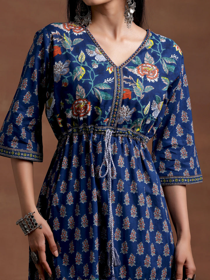 Blue Printed Cotton Fit and Flare Dress