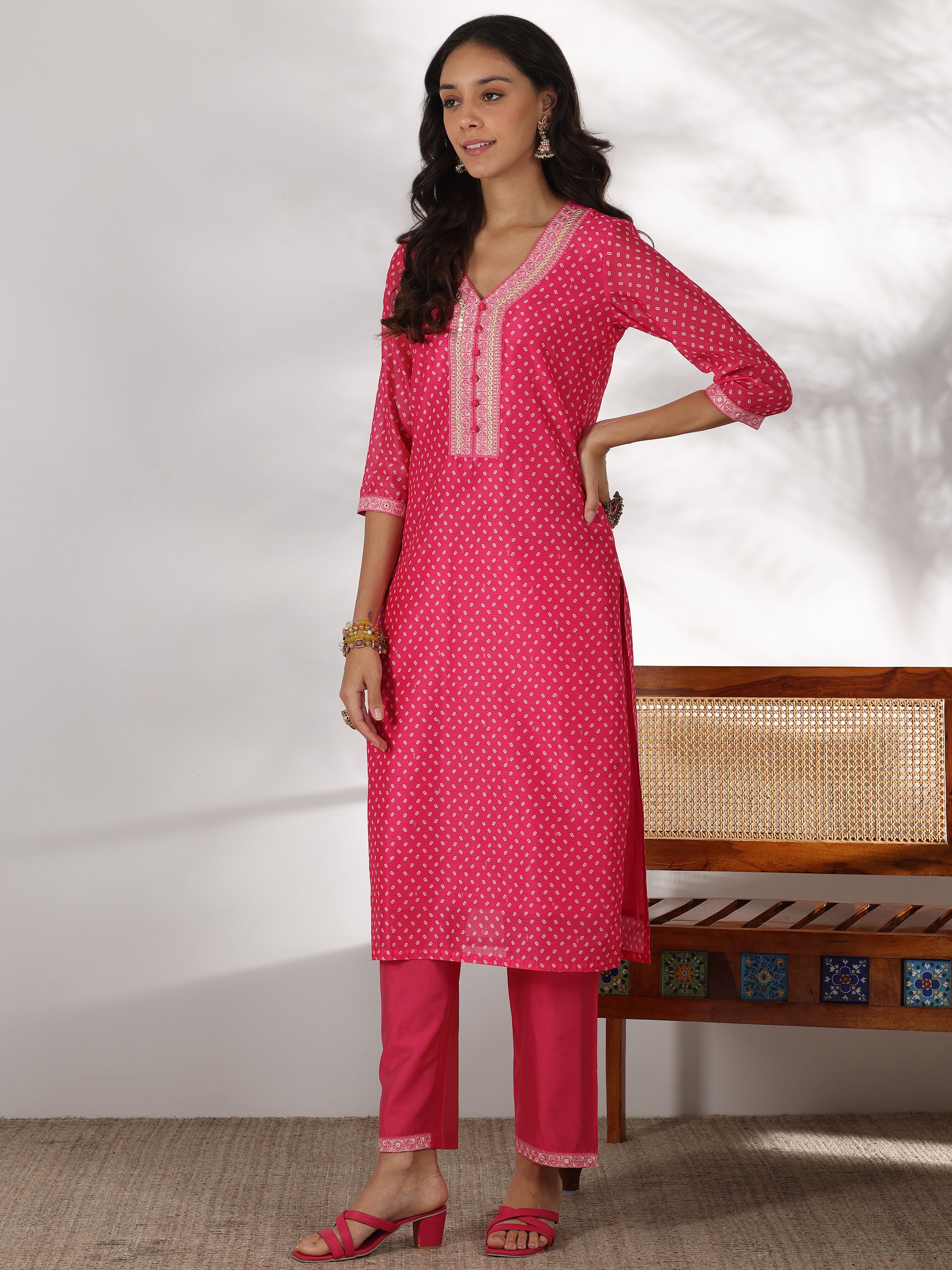 Pink Printed Silk Blend Straight Suit With Dupatta