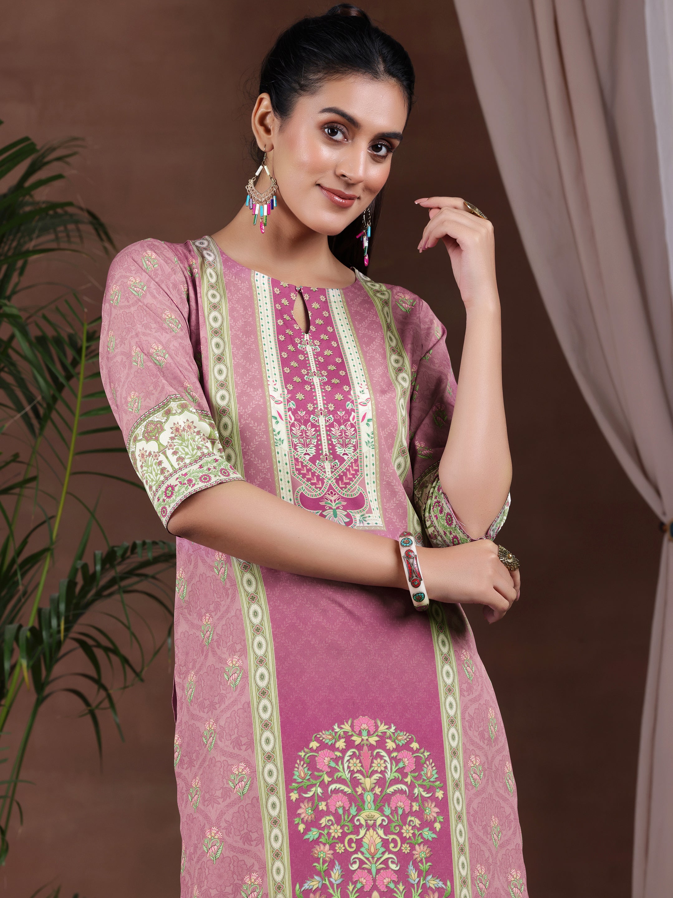 Mauve Printed Poly Crepe Straight Suit With Dupatta