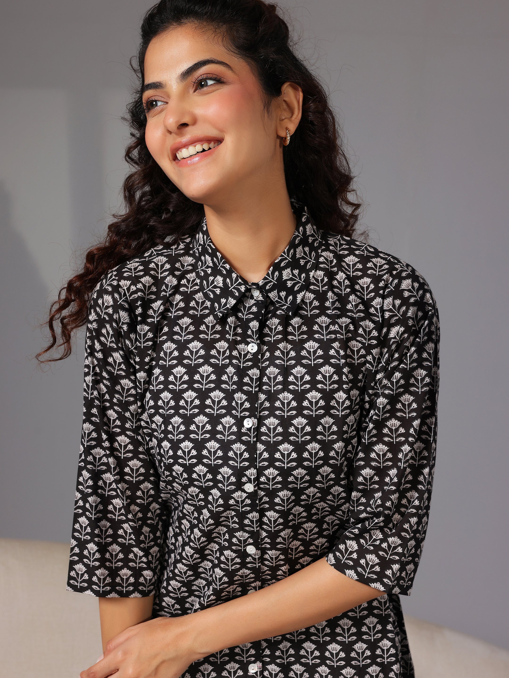 Black Printed Cotton Night Suits