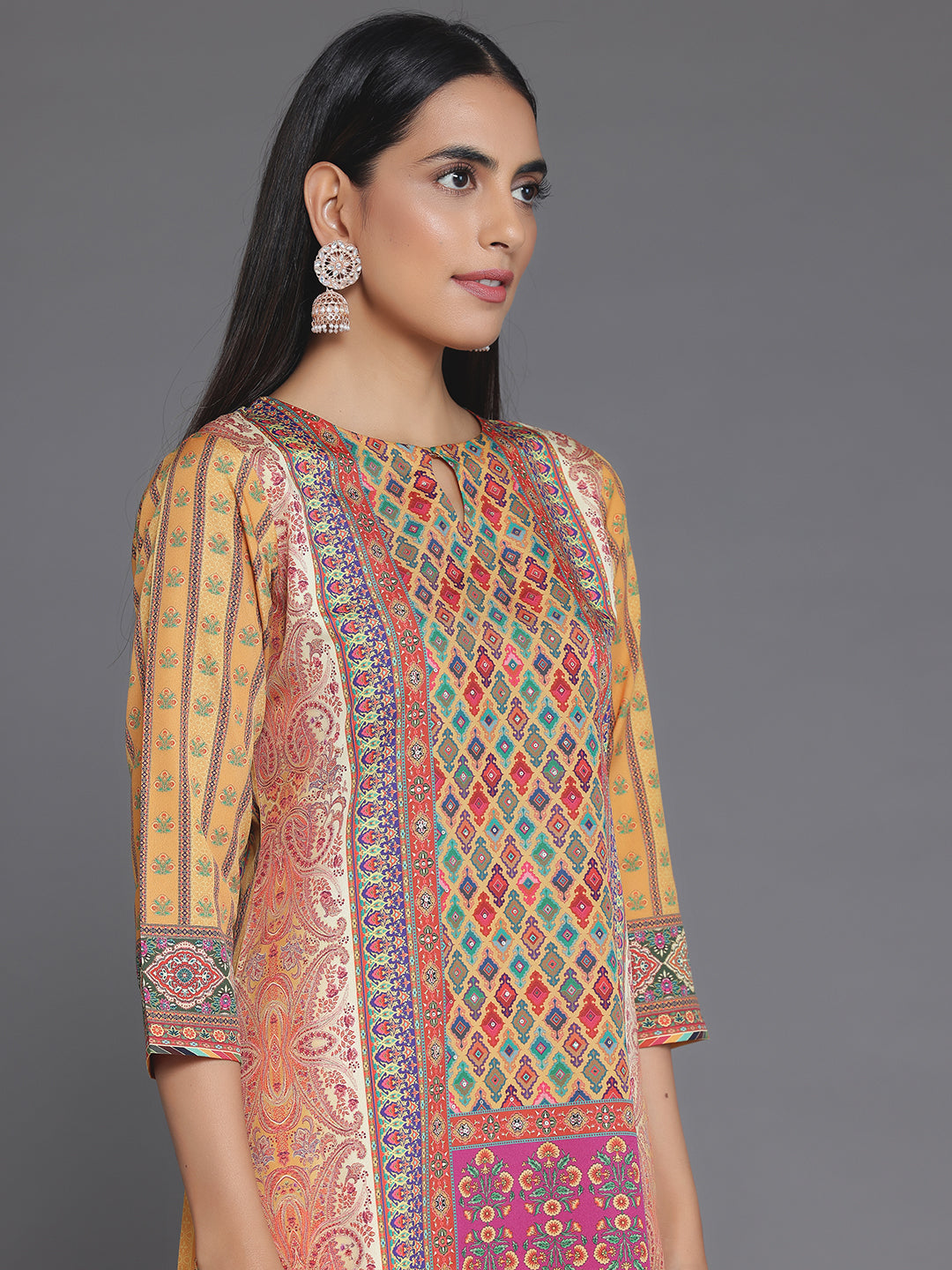 Mustard Printed Poly Crepe Straight Suit With Dupatta