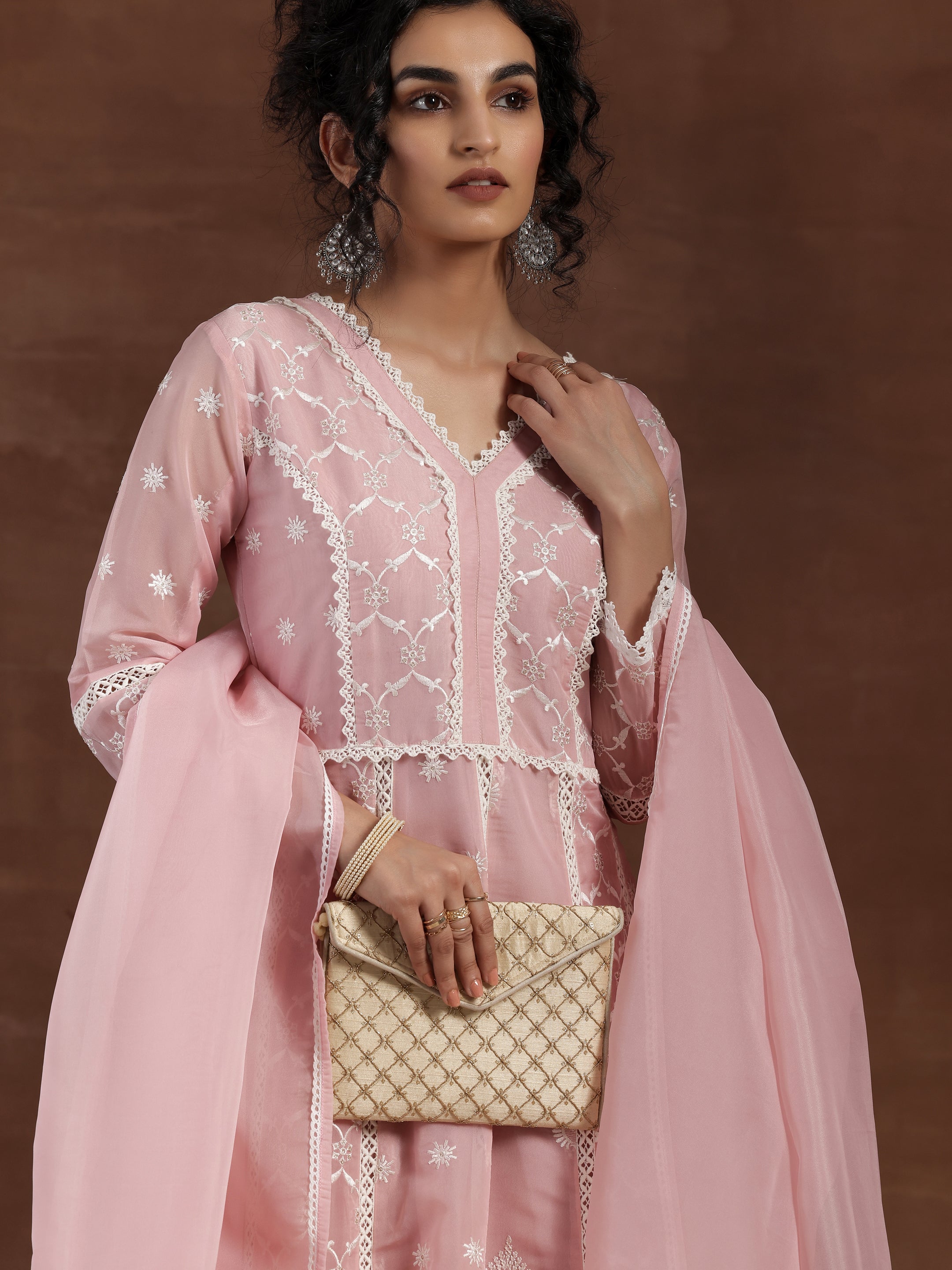 Pink Embroidered Organza A-Line Kurta With Palazzos & Dupatta