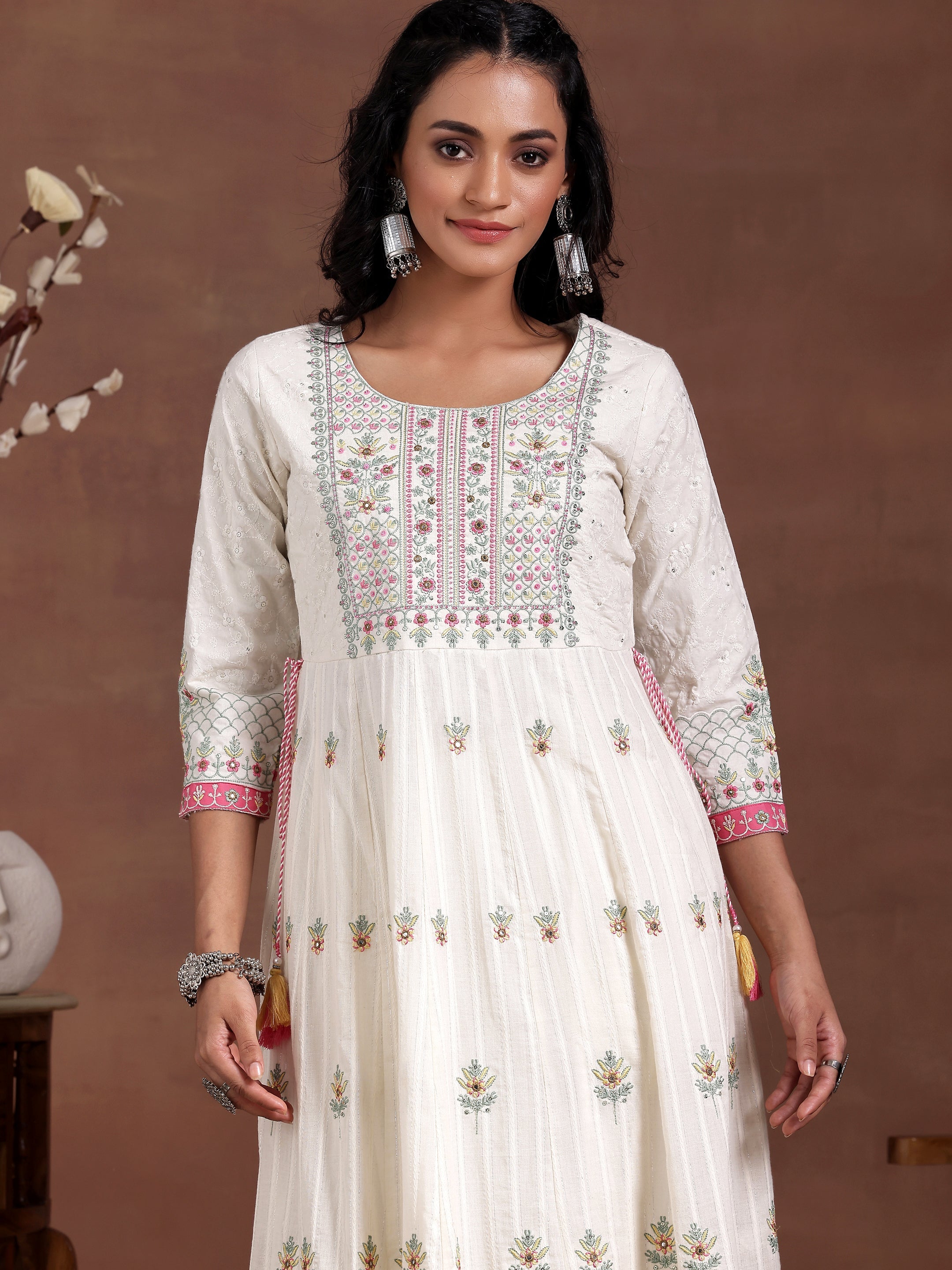 Off white Embroidered Cotton A-Line Kurta With Trousers & Dupatta