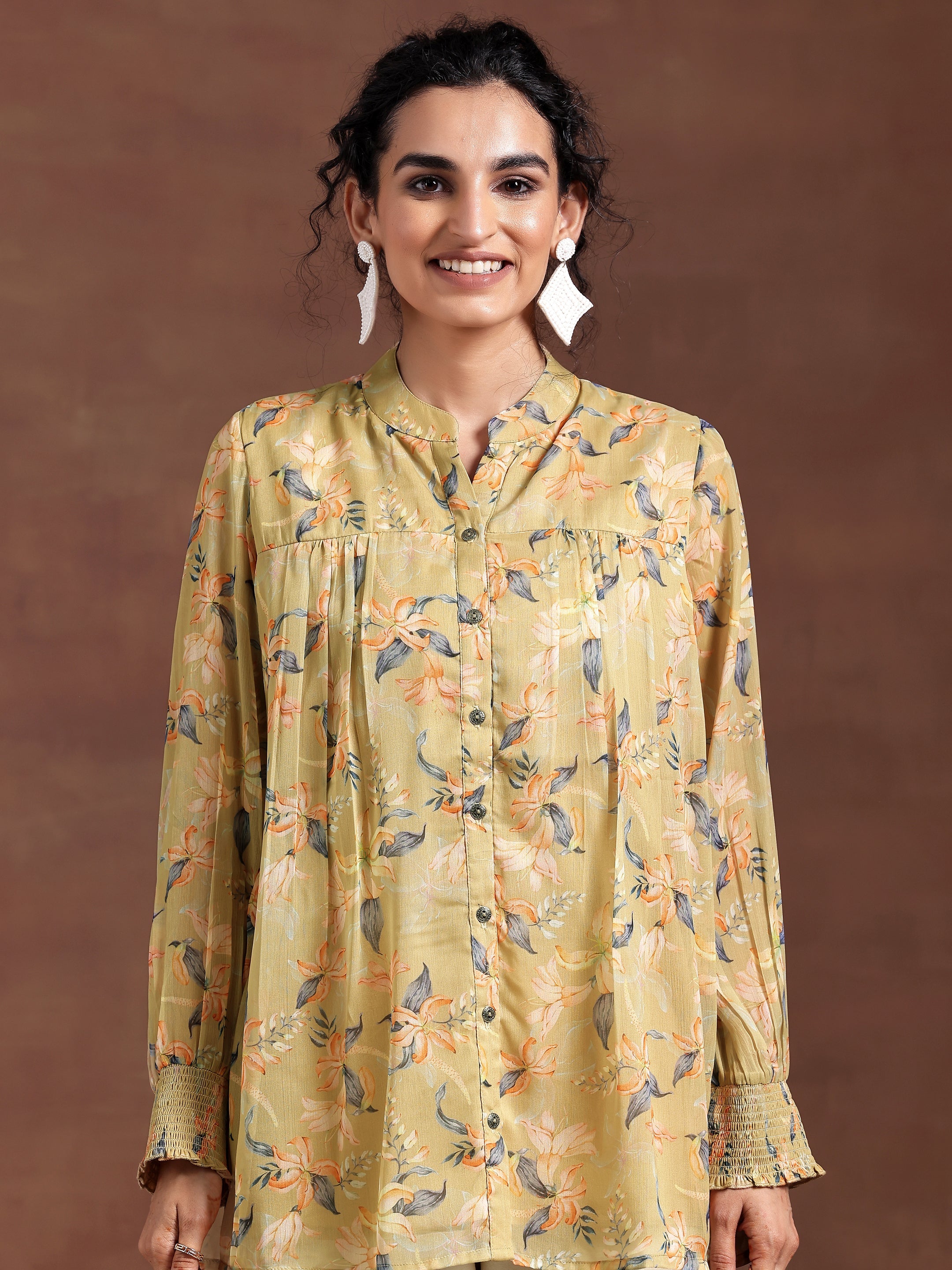 Mustard Printed Chiffon A-Line Kurti