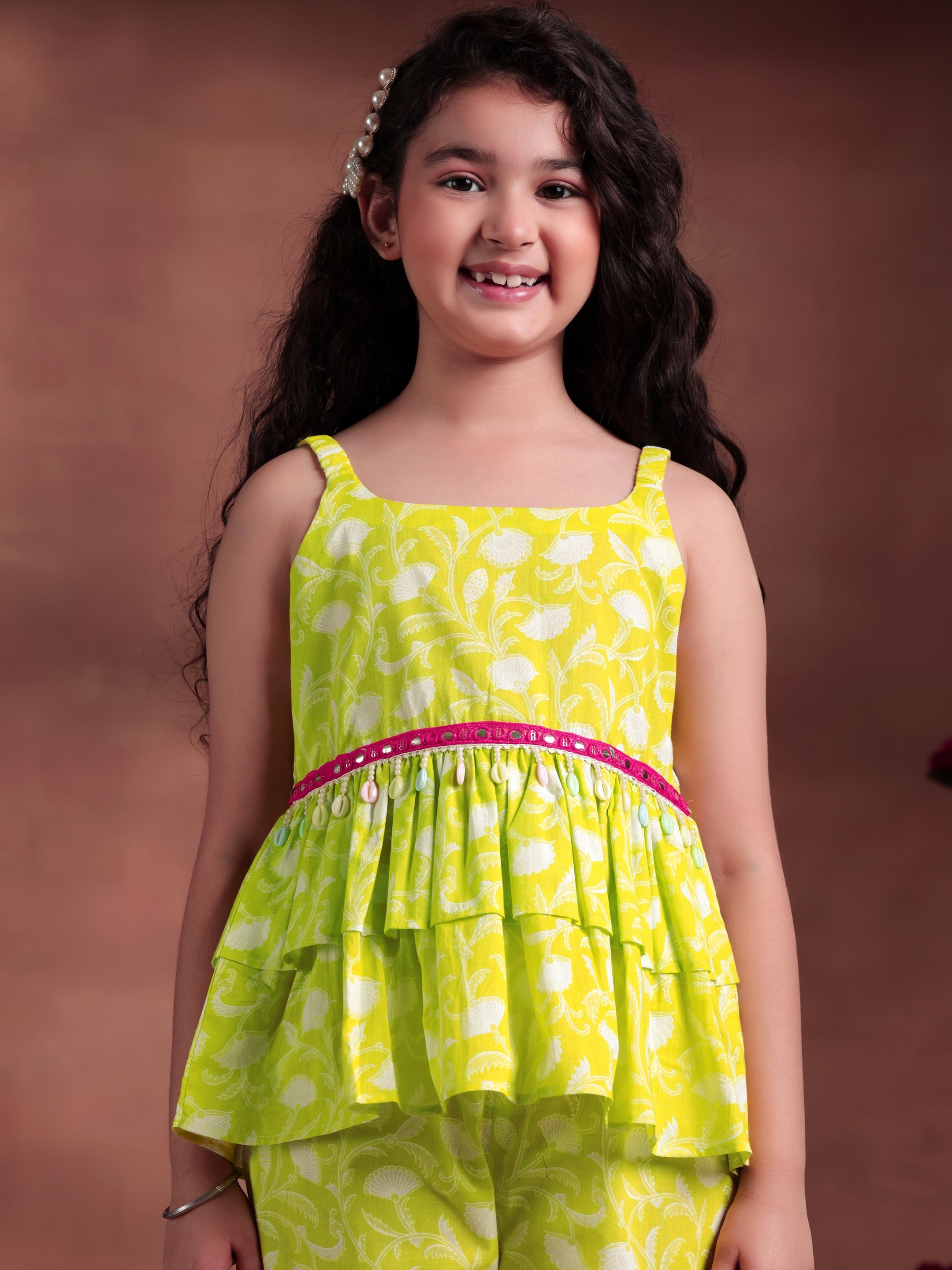 Kids Lime Green Printed Cotton Co-Ords