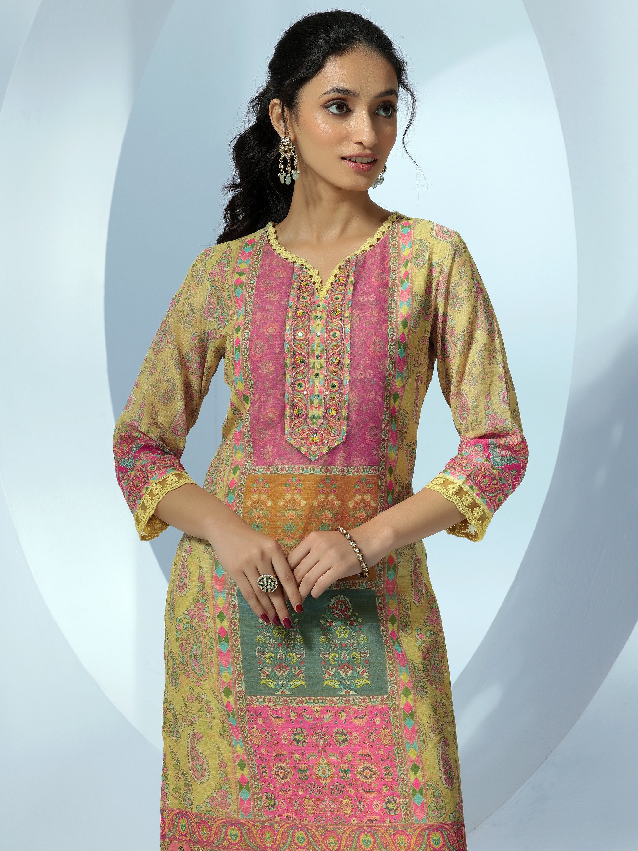 Yellow Printed Linen Straight Suit With Dupatta