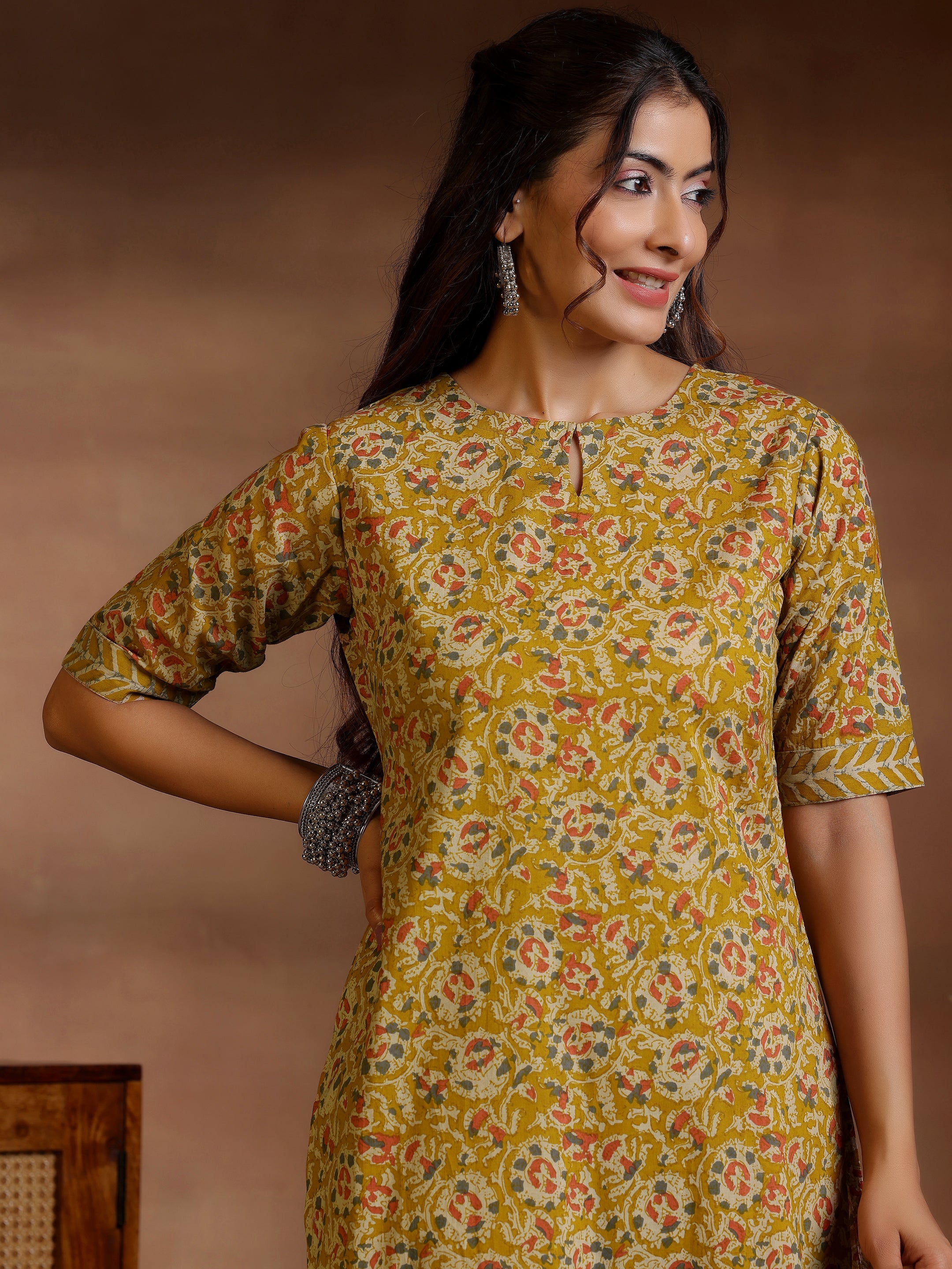 Mustard Printed Cotton Straight Kurta Set