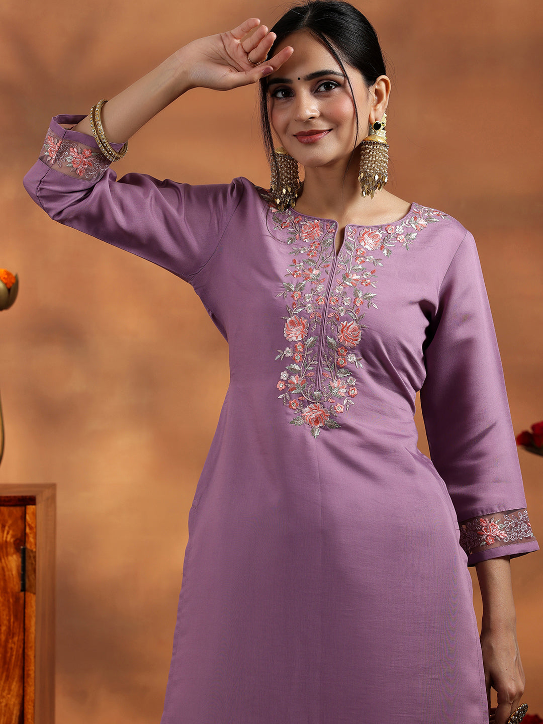 Lavender Yoke Design Silk Blend Straight Suit With Dupatta