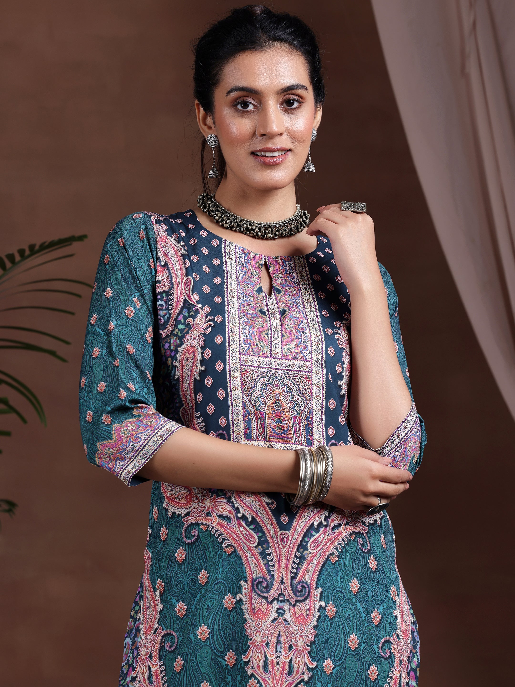 Blue Printed Crepe Straight Kurta