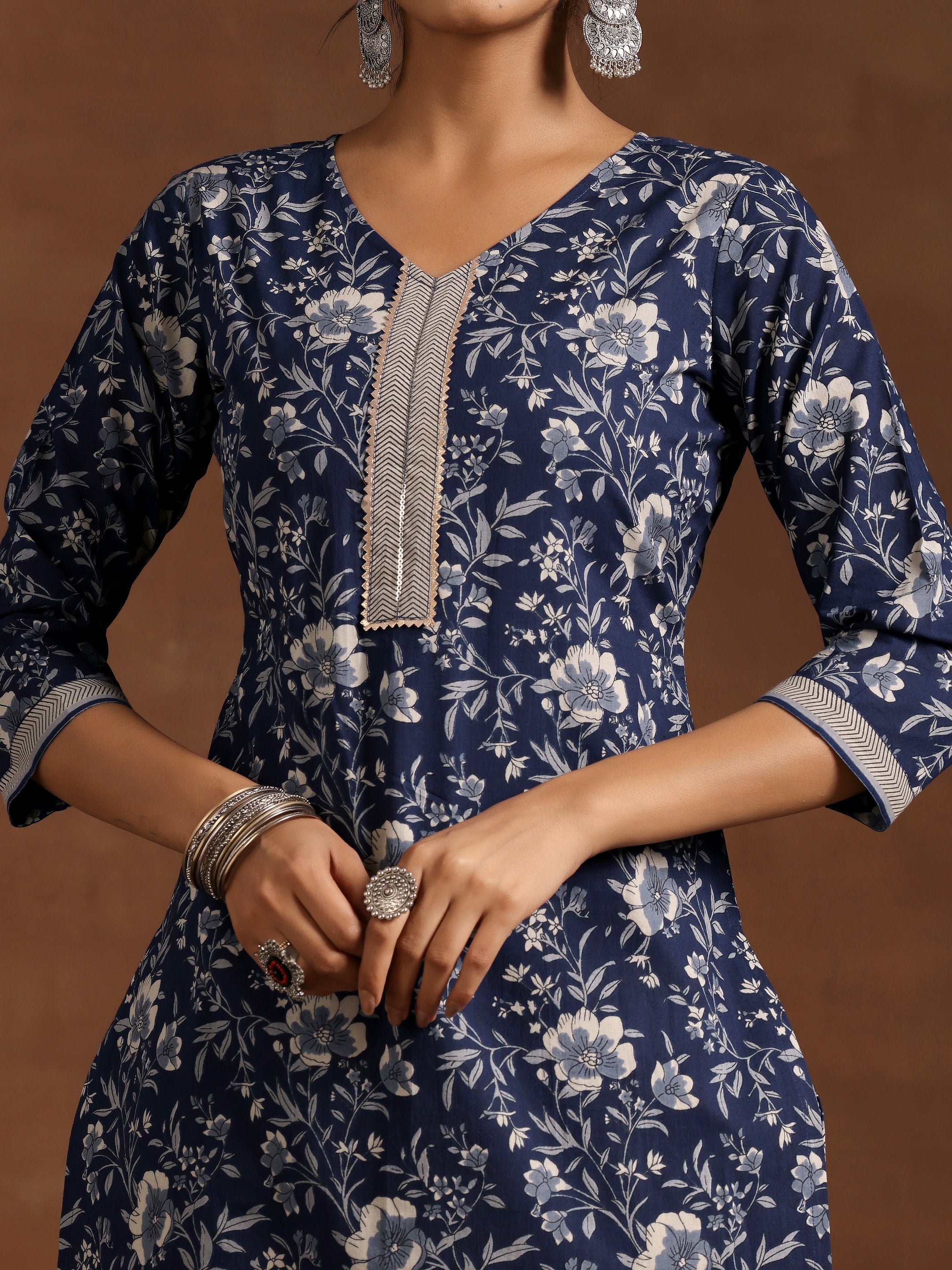 Blue Printed Cotton Straight Kurta Set